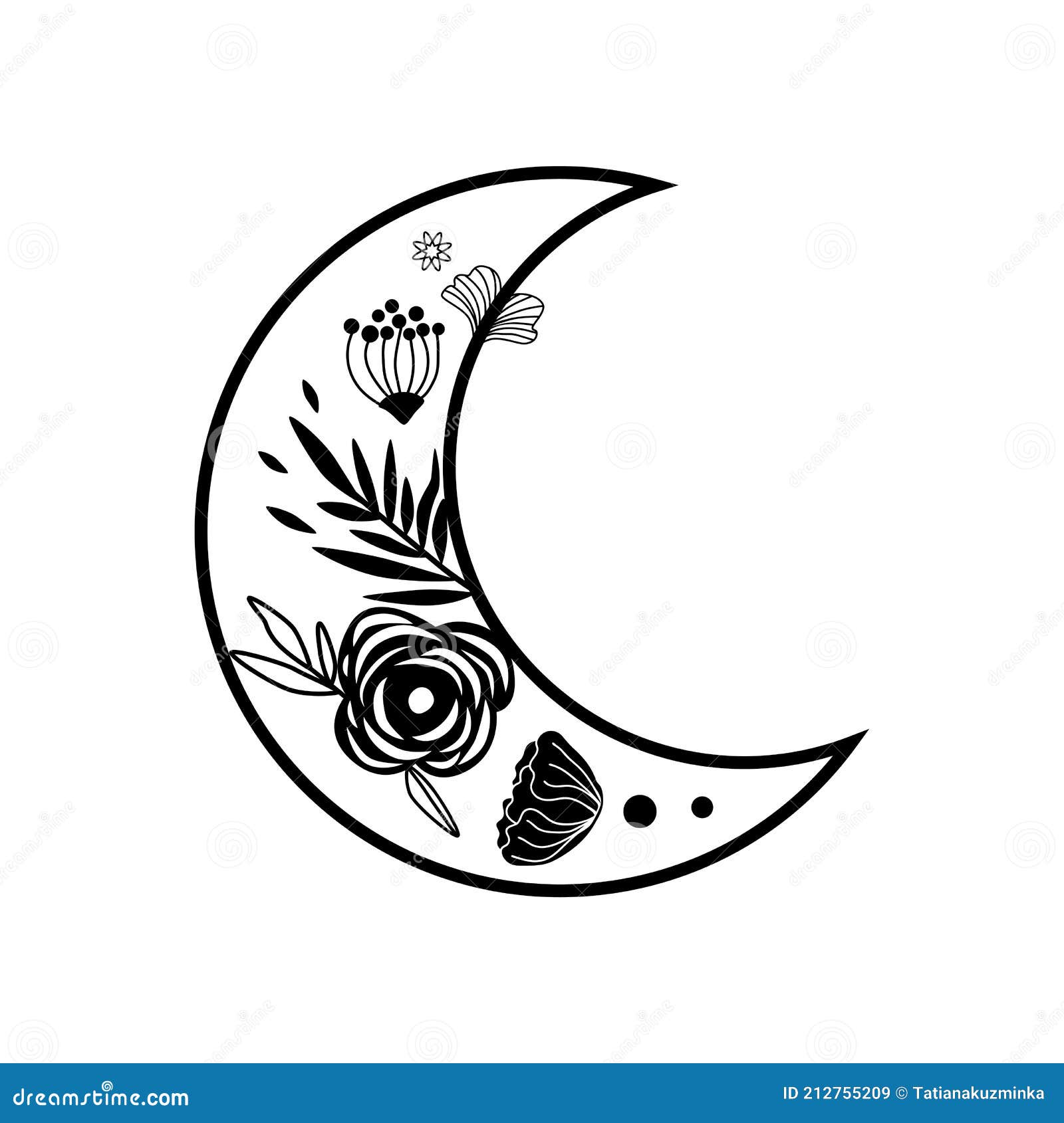 Logotipo De Luna De Flores. Belleza Luna Negra Tatuaje. Celeste Media Luna  Aislado Mano Dibujo Elemento Cielo Stock de ilustración - Ilustración de  ornamental, ramadan: 212755209