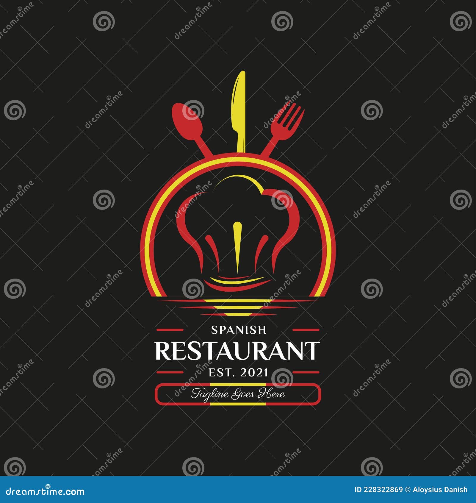 Logotipo Do Restaurante Alimentar Espanhol. Símbolo De Bandeira De Espanha  Com Garfo De Colher E ícones Da Garrafa De Vinho. Logót Ilustração do Vetor  - Ilustração de delicioso, chapéu: 228322867