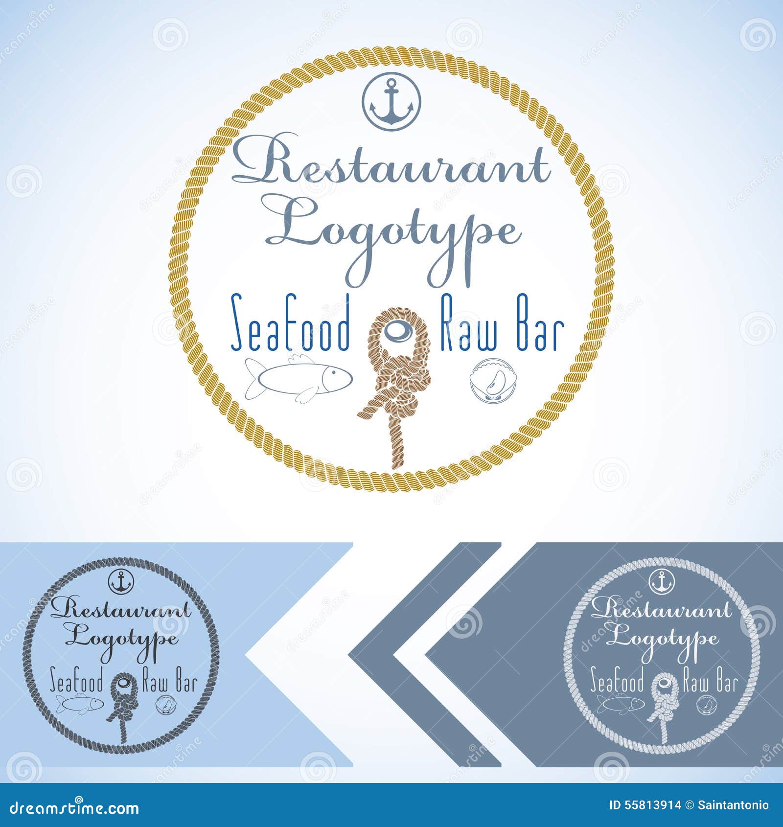 logotype mock up for seafood restaurant and raw bar.  graphic . with fish and oyster and rope.