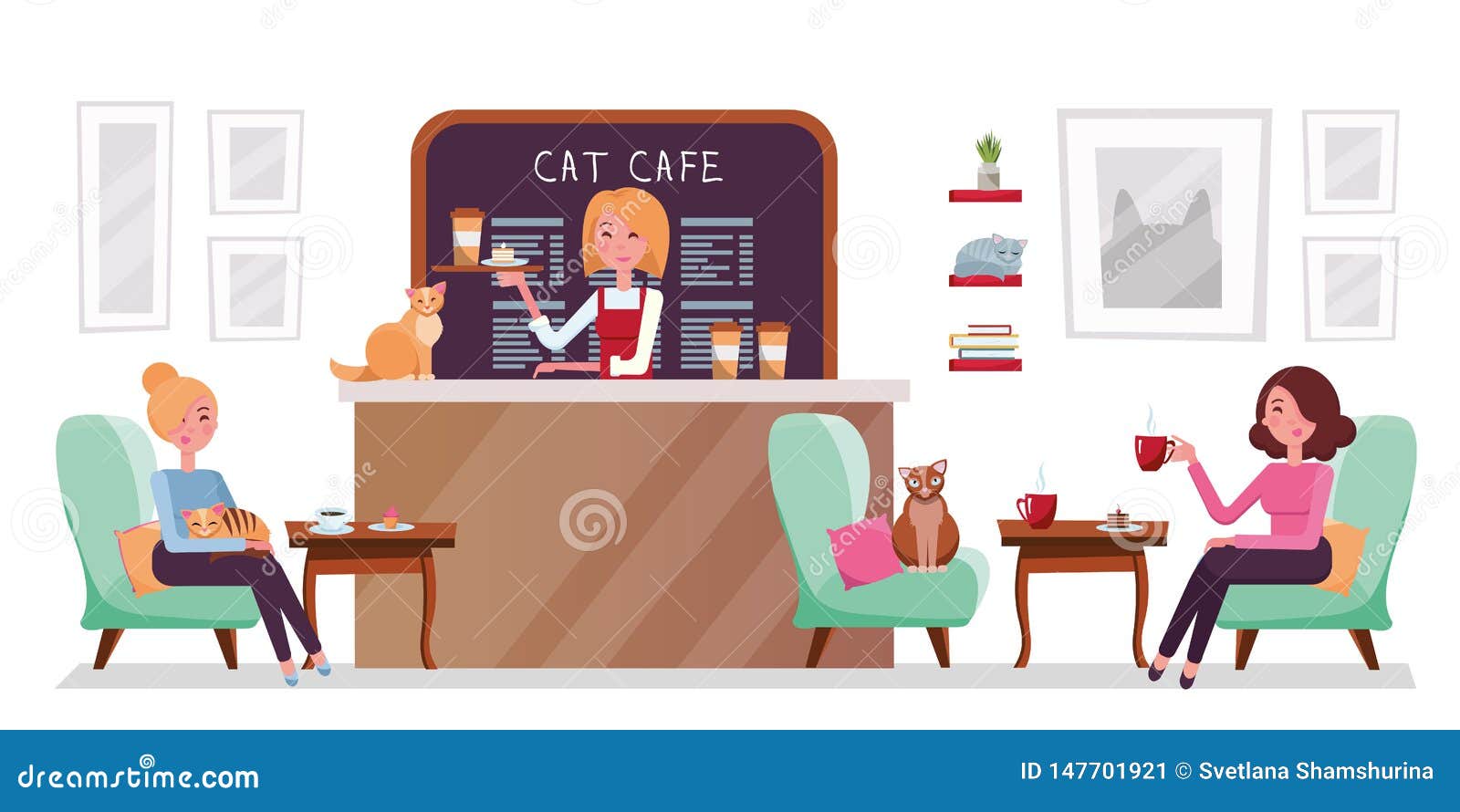 Loja do café do gato, pessoa que relaxa com vaquinhas O lugar interior para encontrar-se, beber e comer, conversa, tem um resto com animais de estimação, menina do barista com a bandeja com bolo e café Ilustra??o lisa dos desenhos animados do estilo do vetor