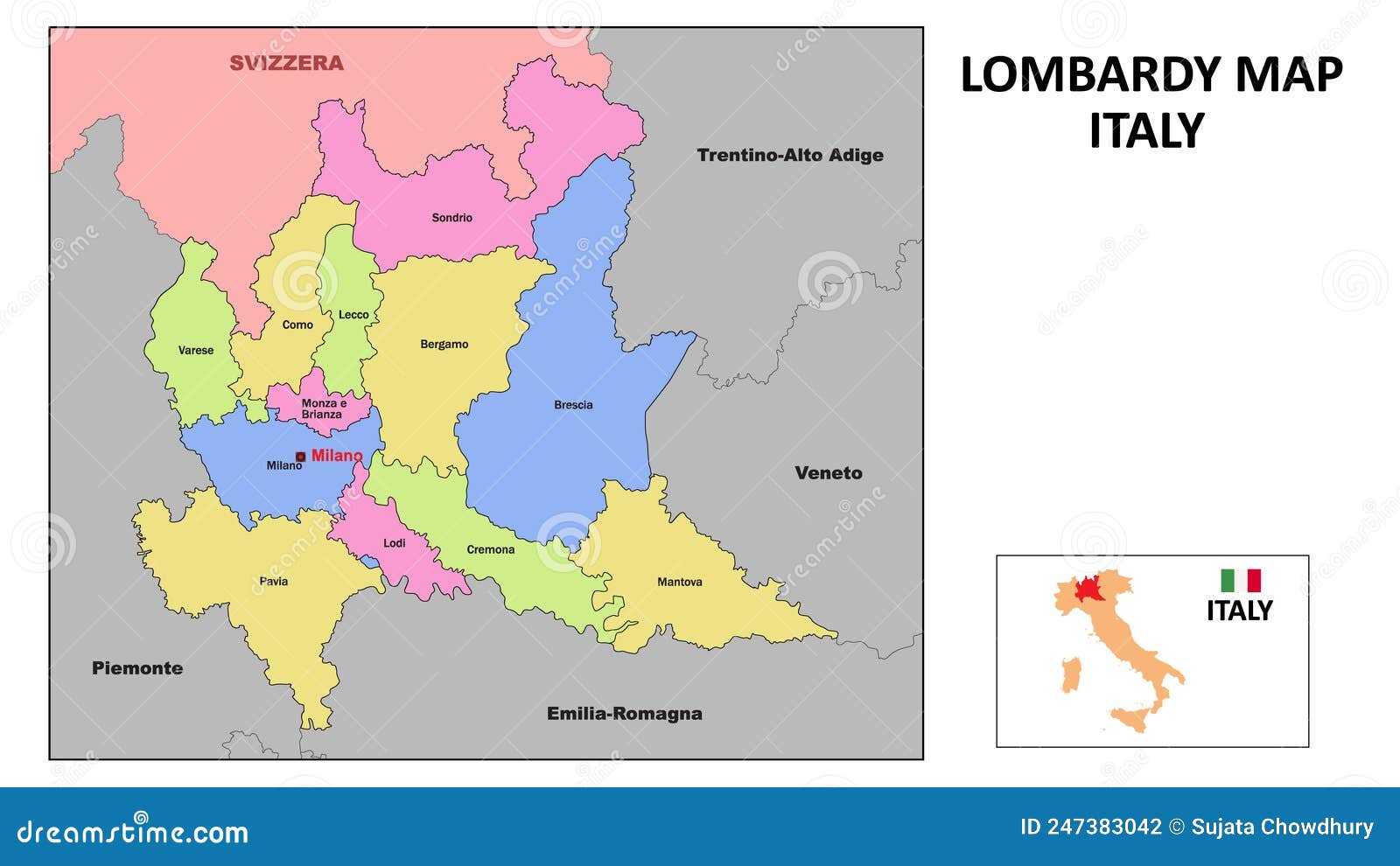 Lombardy Map. Political Map Of Lombardy With Boundaries In White Color