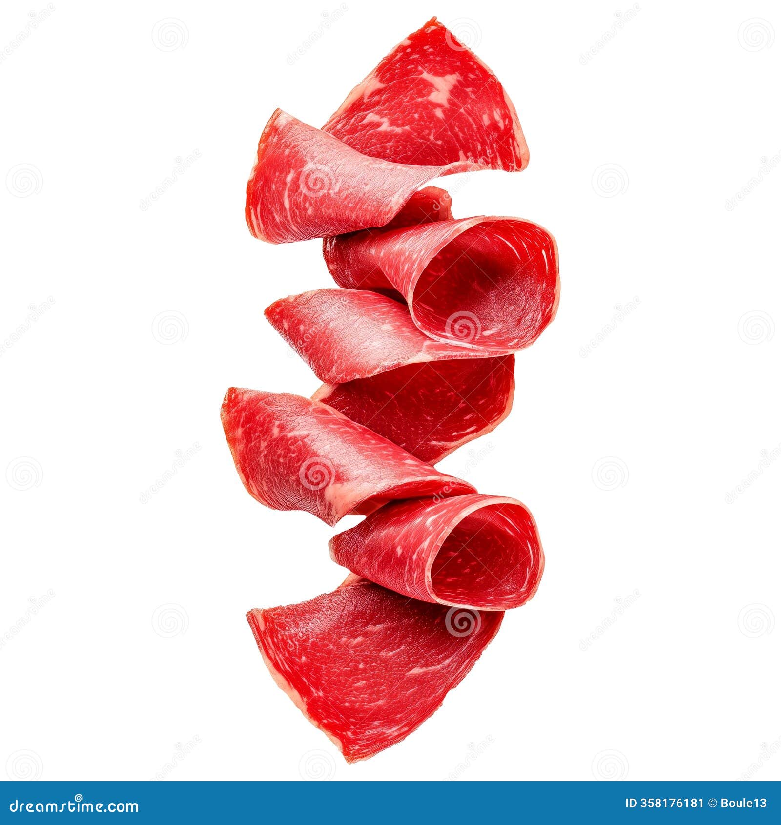 lomo embuchado spanish cured ham slices  on white transparent background, showcasing texture and marbling