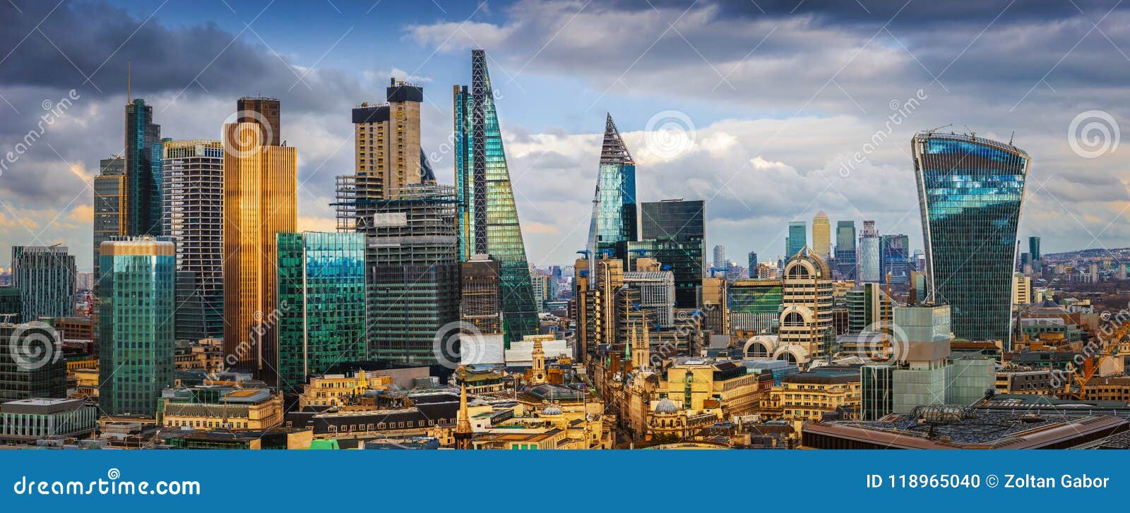 london, england - panoramic skyline view of bank and canary wharf, central london`s leading financial districts