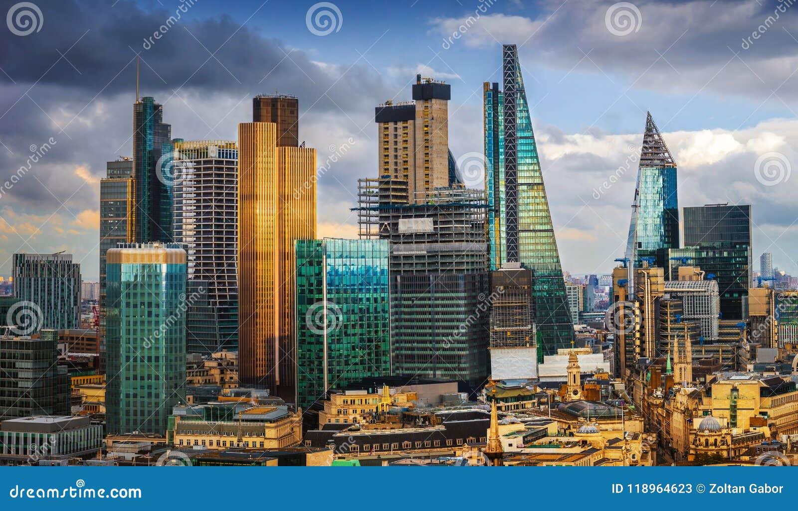 london, england - panoramic skyline view of bank and canary wharf, central london`s leading financial districts