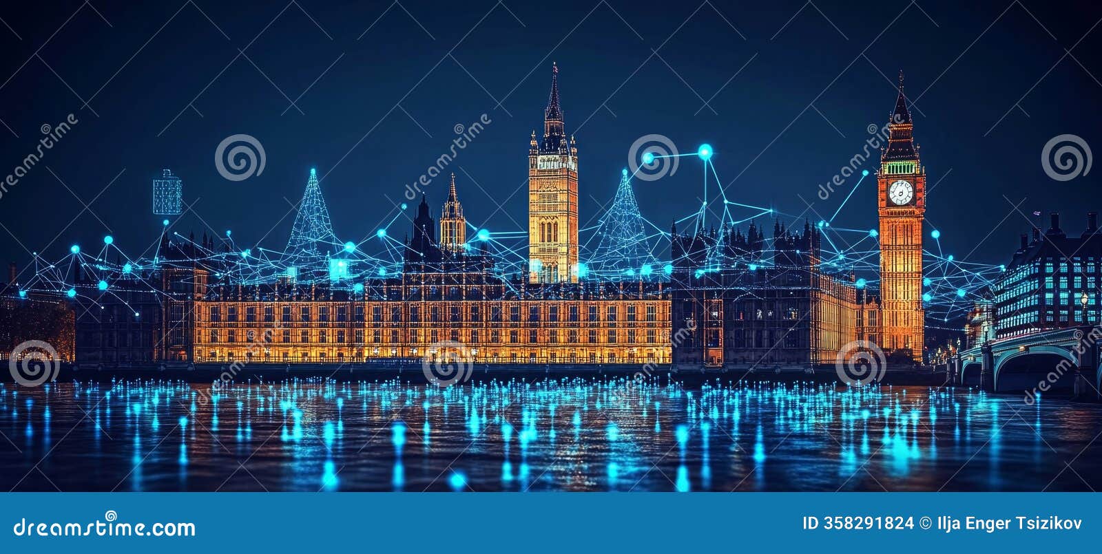 london parliament building in futuristic digital network, data connection, digitalization