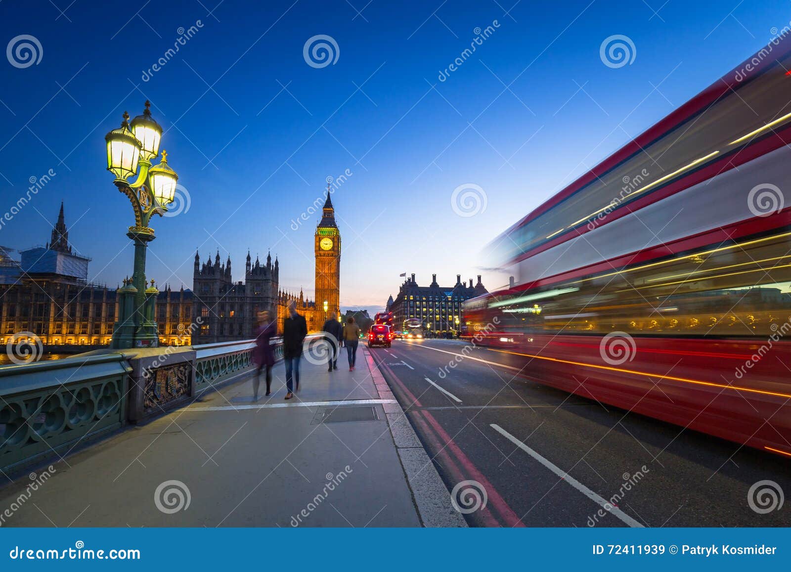 London Scenery at Westminster Bridge with Big Ben and Blurred Red Bus ...