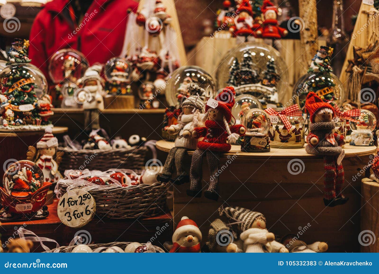 Christmas and Christmas Tree Decorations on Sale at a Stall in Winter