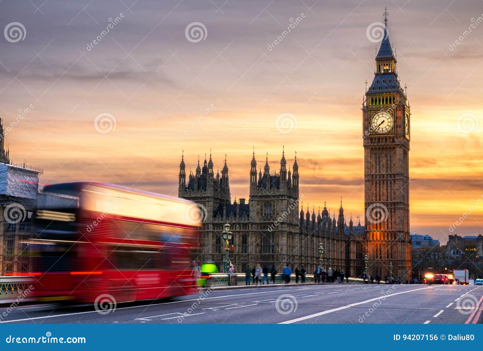 London, the UK. Red Bus in Motion and Big Ben, the Palace of ...