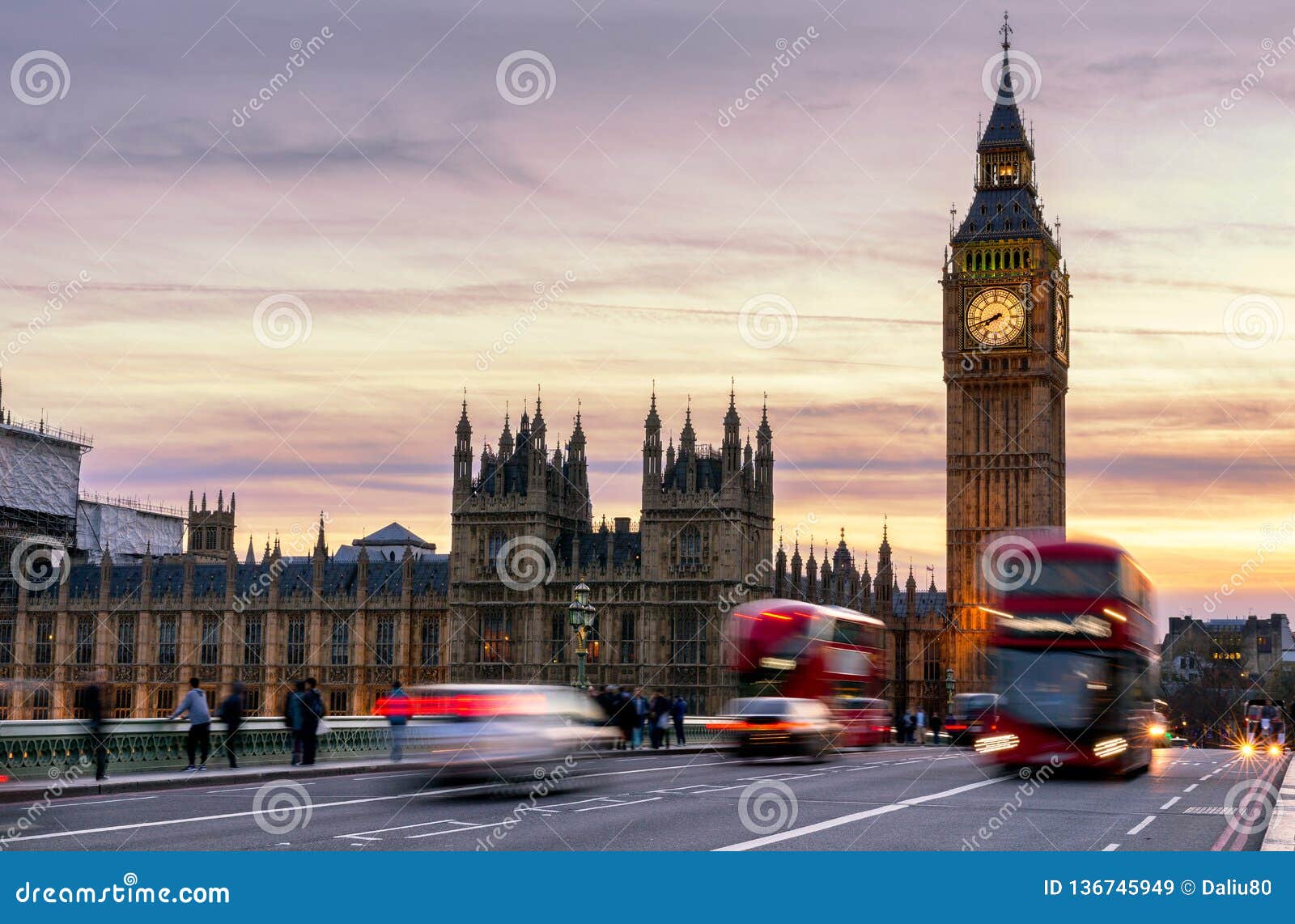 London, the UK. Red Bus in Motion and Big Ben, the Palace of ...