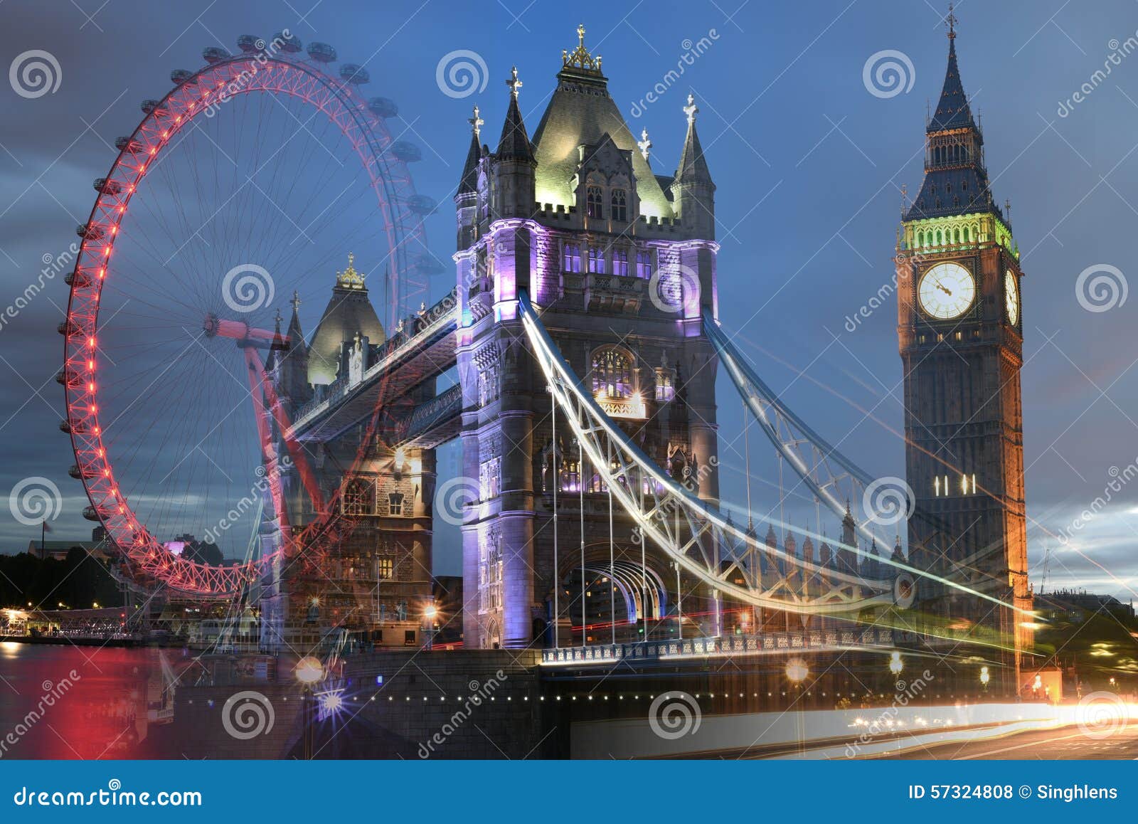 London Uk Tower Bridge Big Ben London Eye Merged Shot Editorial Stock Photo Image Of Great Blue