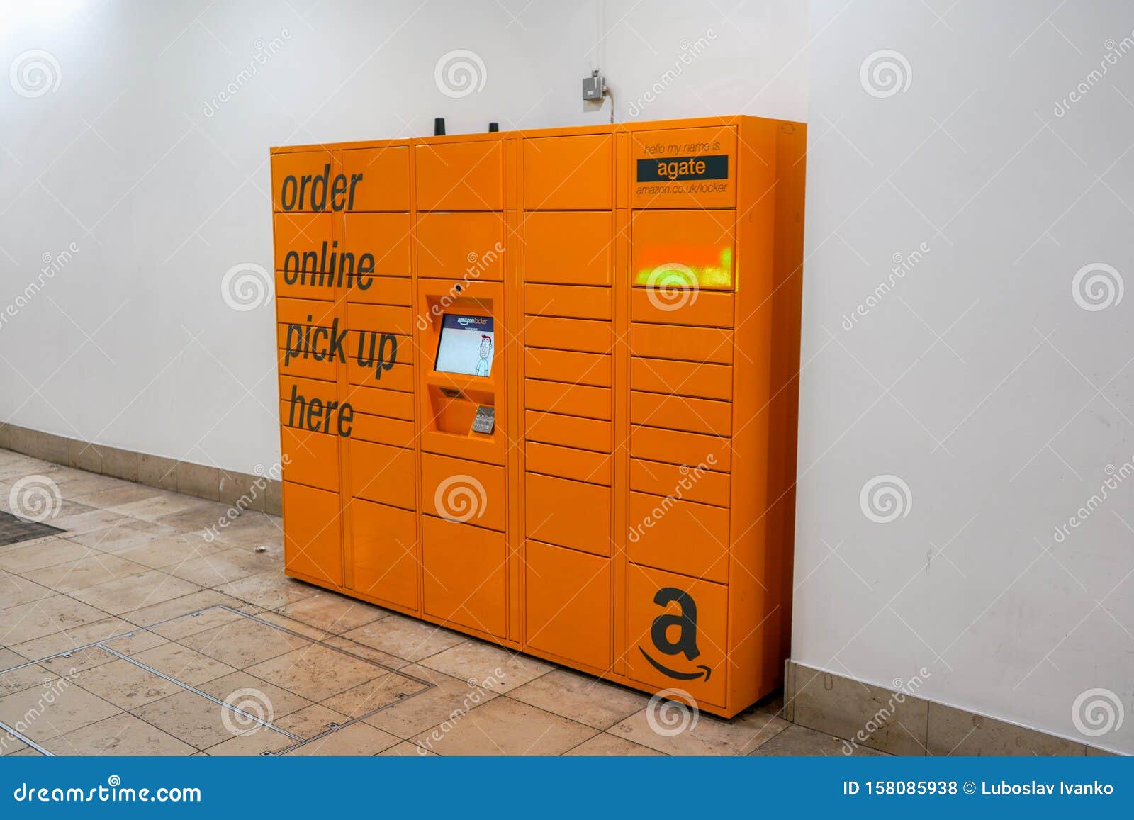London, United Kingdom - February 03, 2019: Orange Amazon Locker In Lewisham Shopping Centre ...