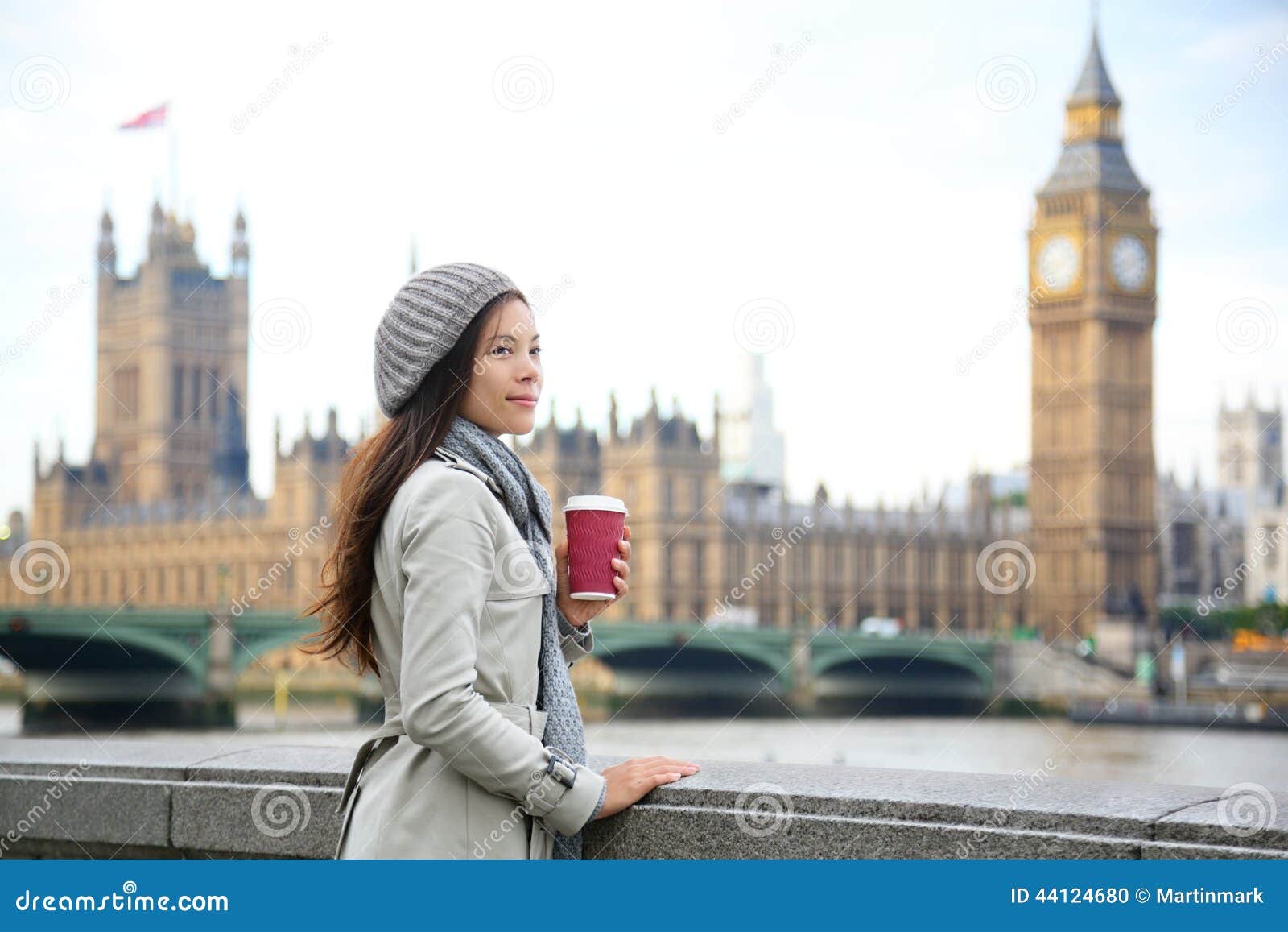 London Woman Drinking Coffee By Westminster Bridge Stock