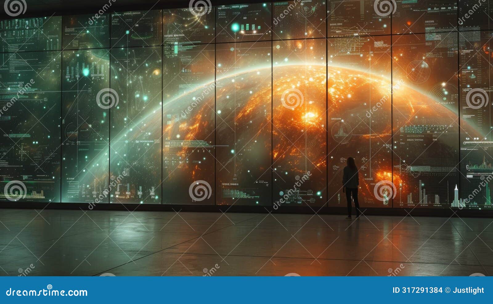 a lone figure stands in front of a massive virtual landscape surrounded by swirling data and graphs projected in