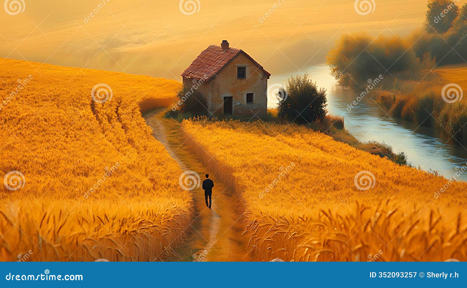 a lone figure walks along a winding path through a golden wheat field towards a rustic house on a hillside with a river in the