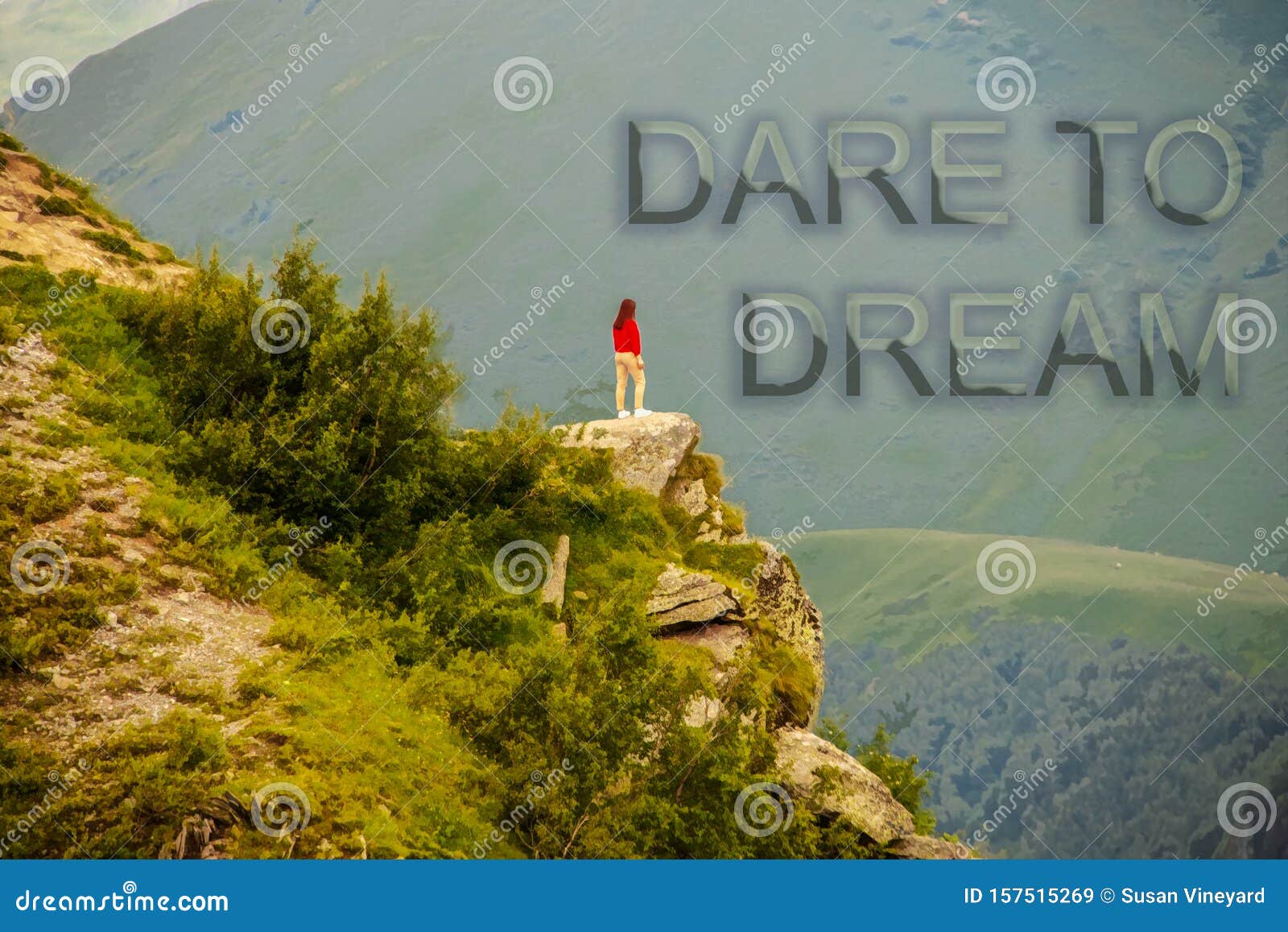 Lone Girl Standing on Outcrop Looking Over a Deep Valley in the ...