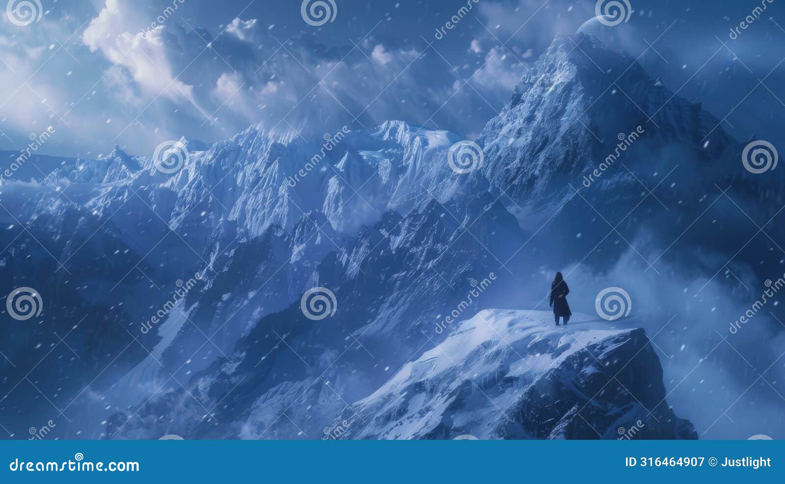 a lone traveler stands atop a snowcovered mountain grappling with the intense gusts of wind and ice that could easily