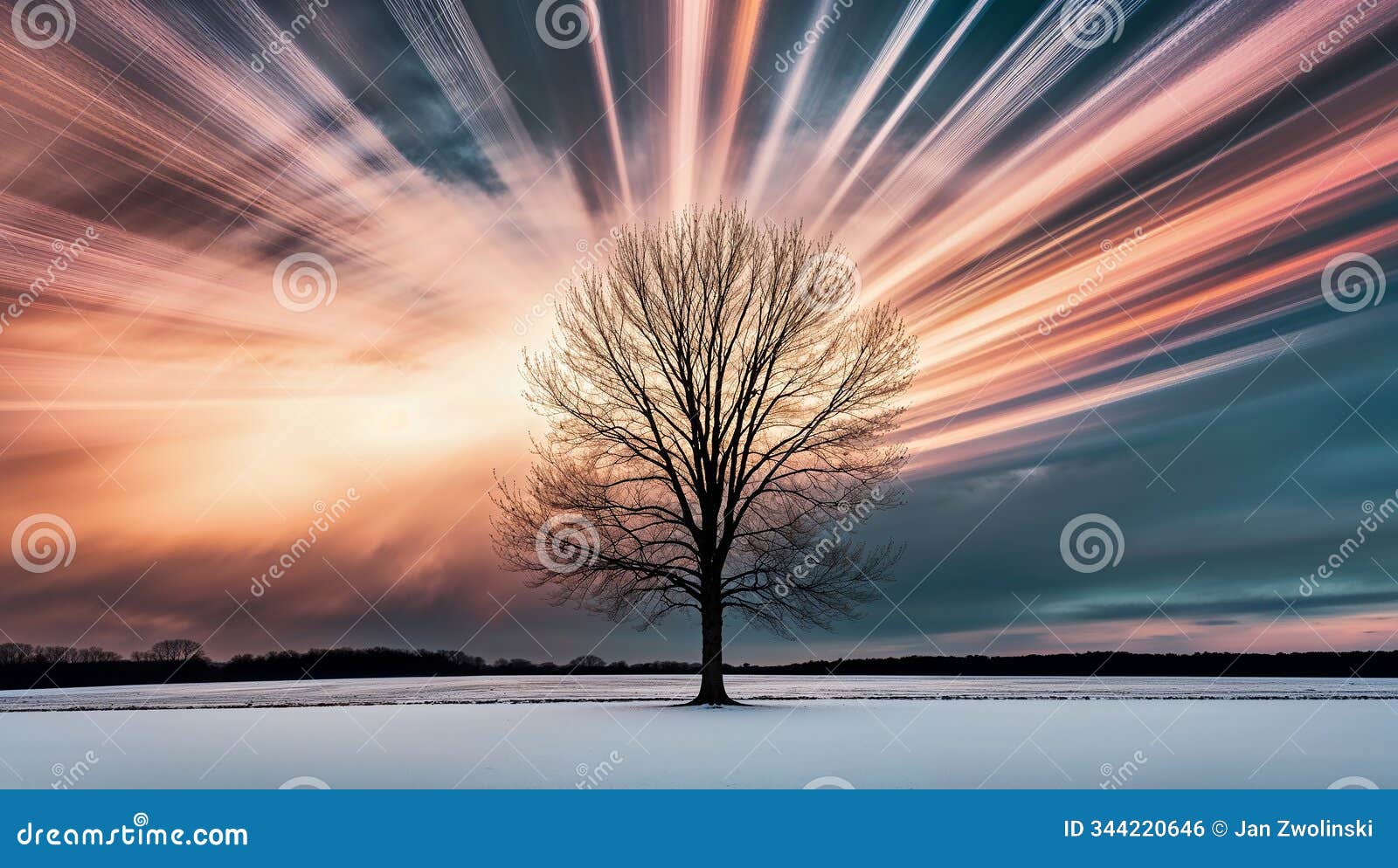 lone tree standing bold under cascading colors of a vibrant sky