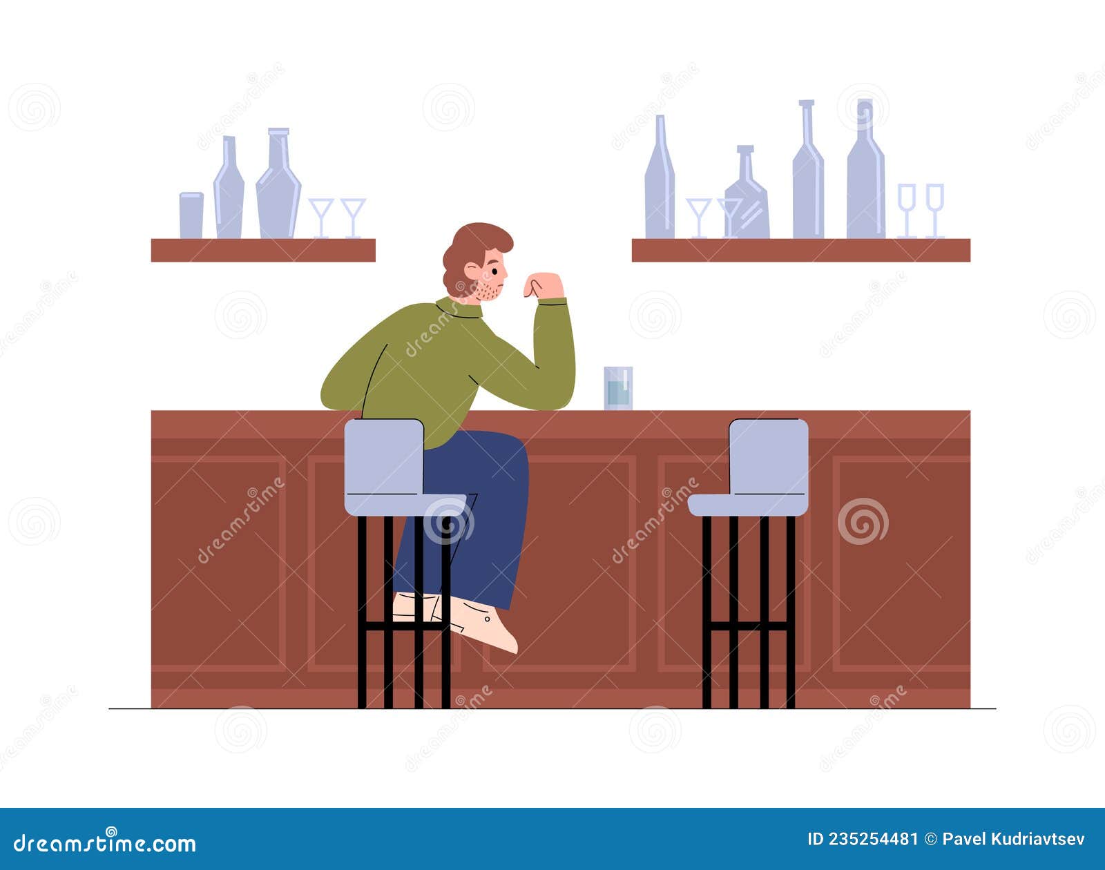 Lonely Sad Man Drinking Alone in Pub, Flat Vector Illustration Isolated ...