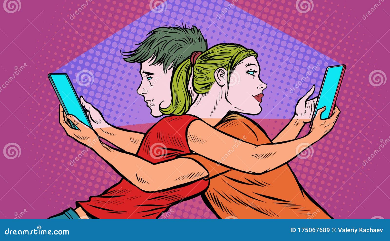 loneliness in social networks concept. a couple of young men and a girl with smartphones