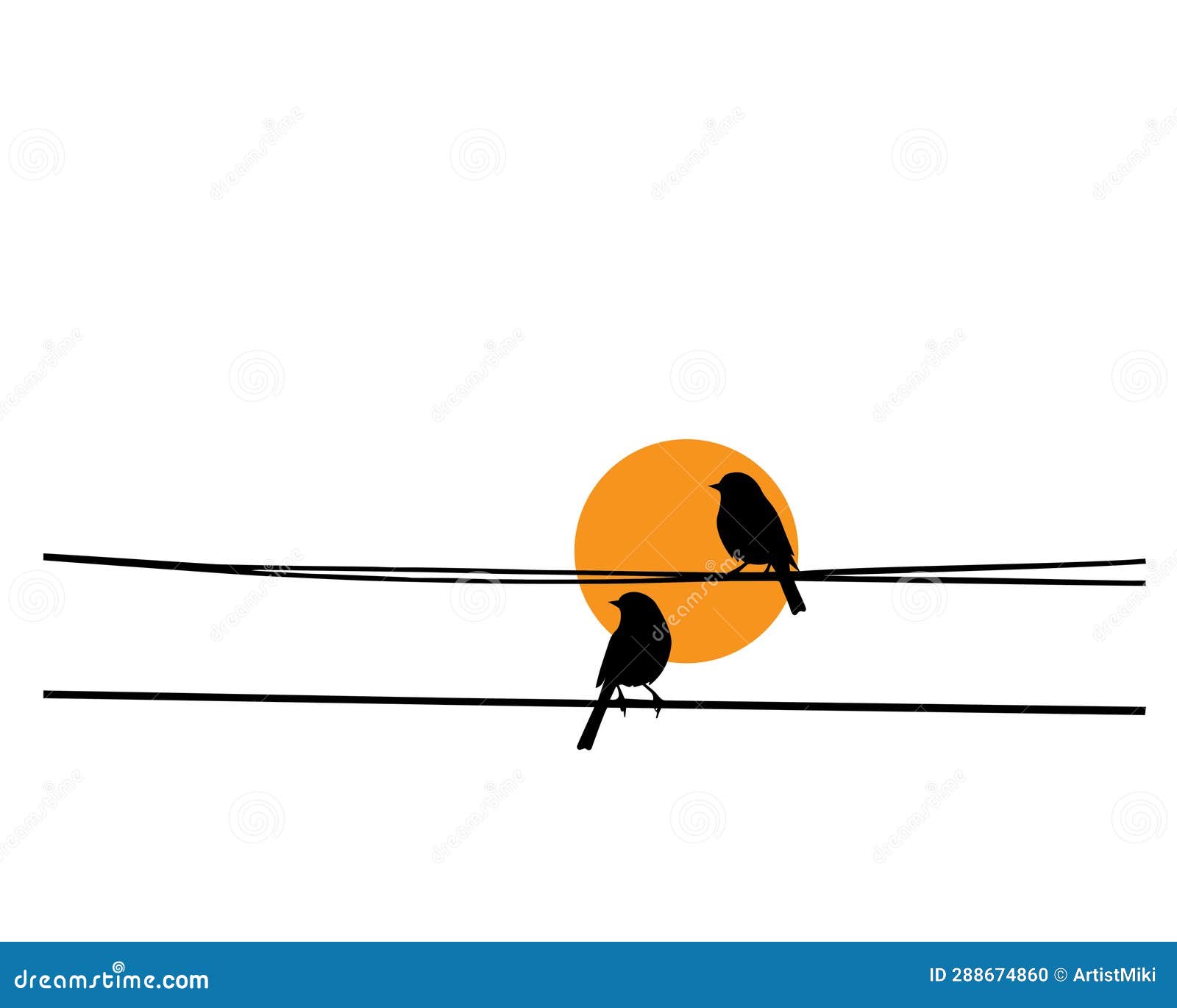 Birds on Wire Silhouette on Sunset, Vector Stock Vector Illustration