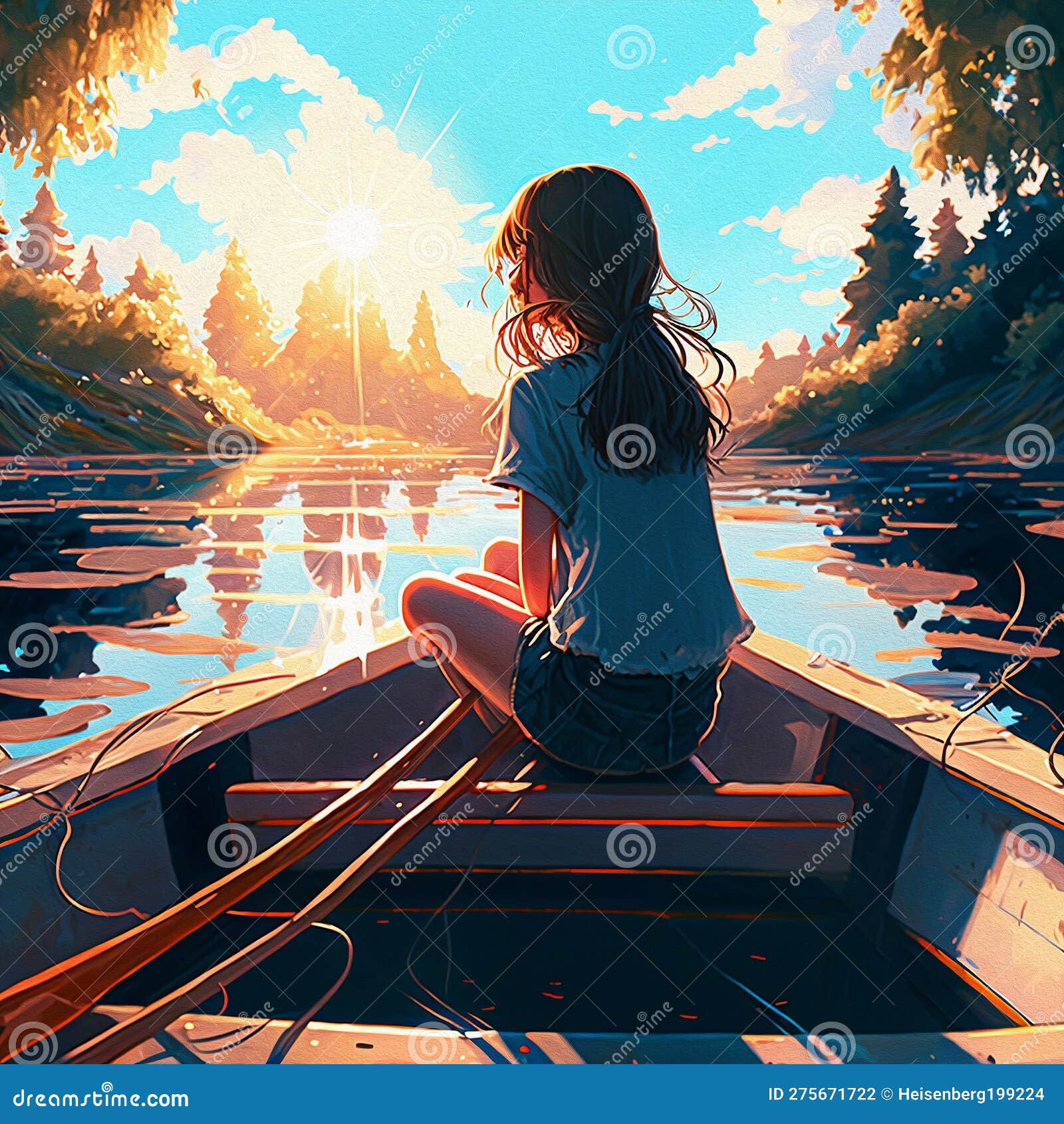 Lonely Girl Sitting On Boat Golden Hour Digital Art Stock Illustration -  Illustration Of Reflection, Sunlight: 275671722