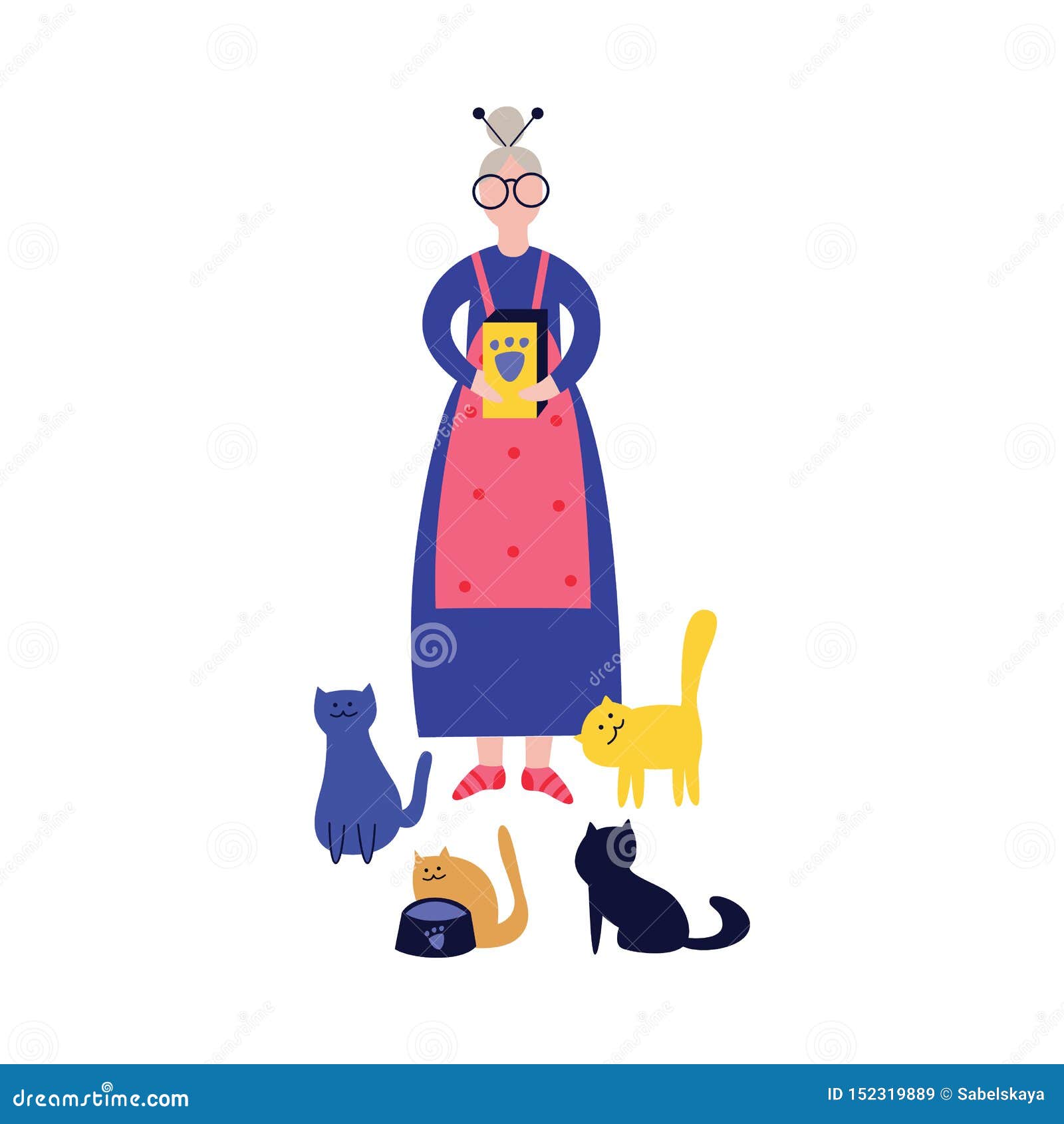 Lonely Grandma or Elderly Woman Feeds Her Cats Flat Vector Isolated on ...