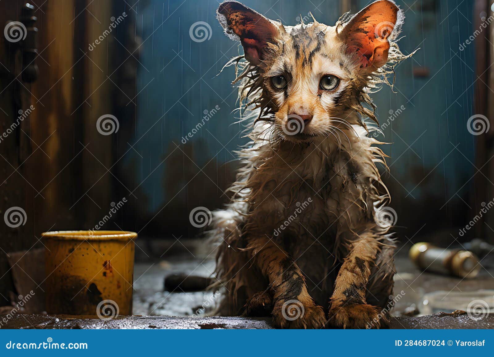 lonely gray street cat seated under rain near empty bowl