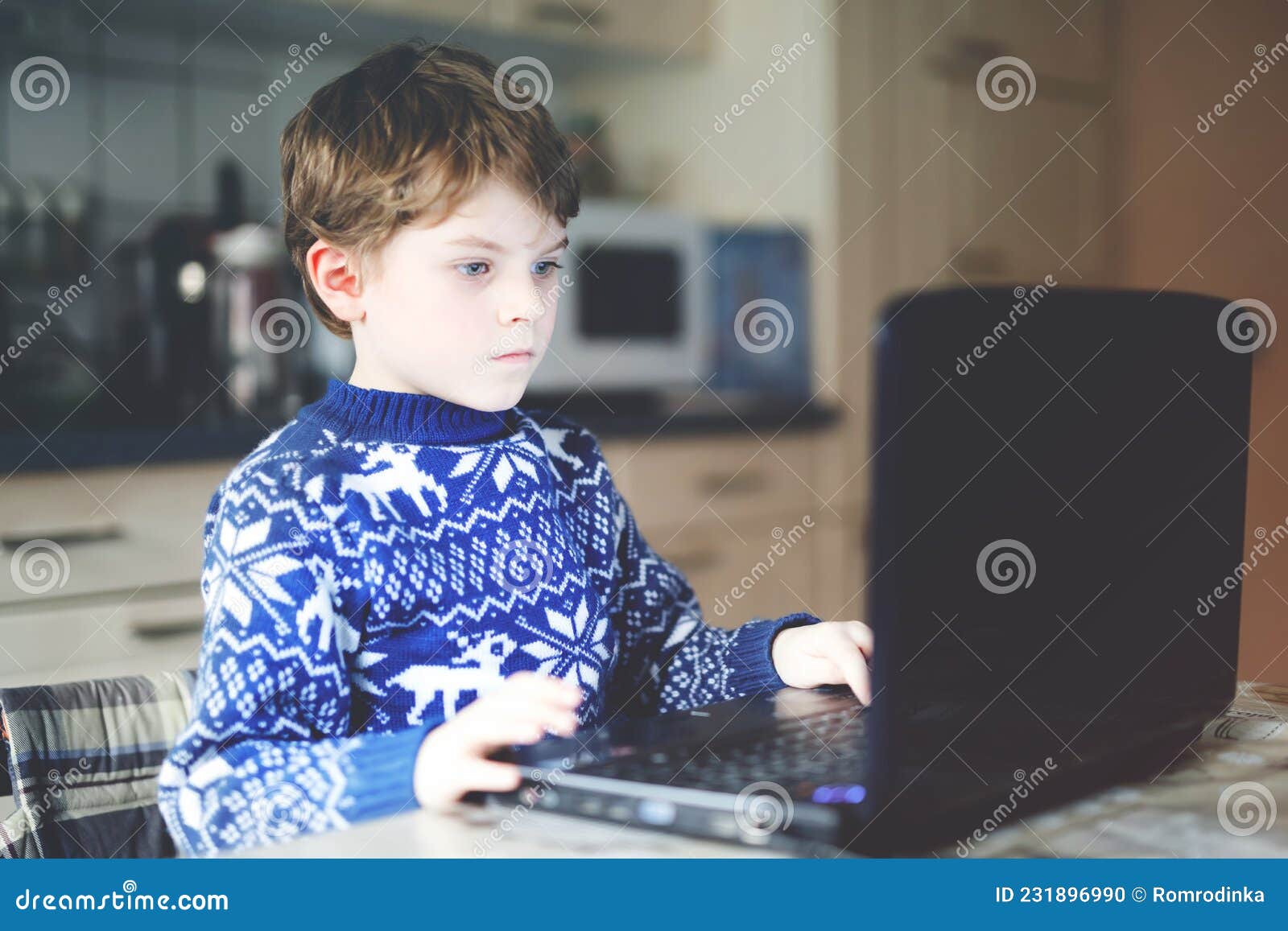 Cute little boy home schooling studying with his gadget laptop