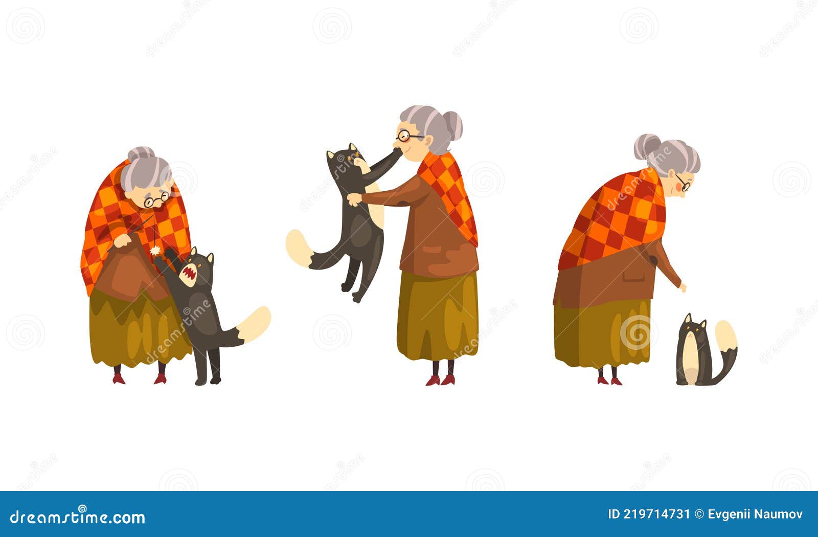 Lonely Old Happy Lady with Her Cat Set, Grandmother Caring for Her ...