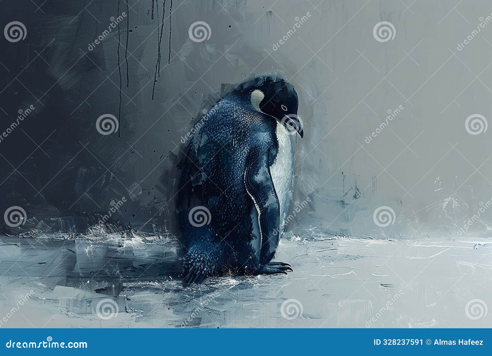 lonely penguin looking sad on an icy landscape