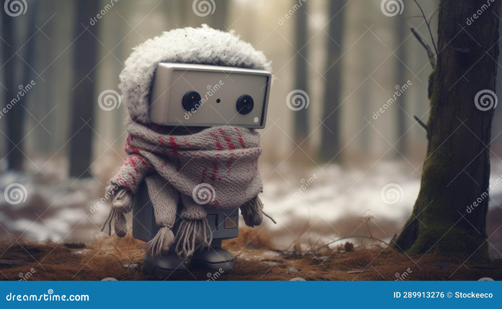 lonely robot in the woods: a cubo-futuristic snow scene