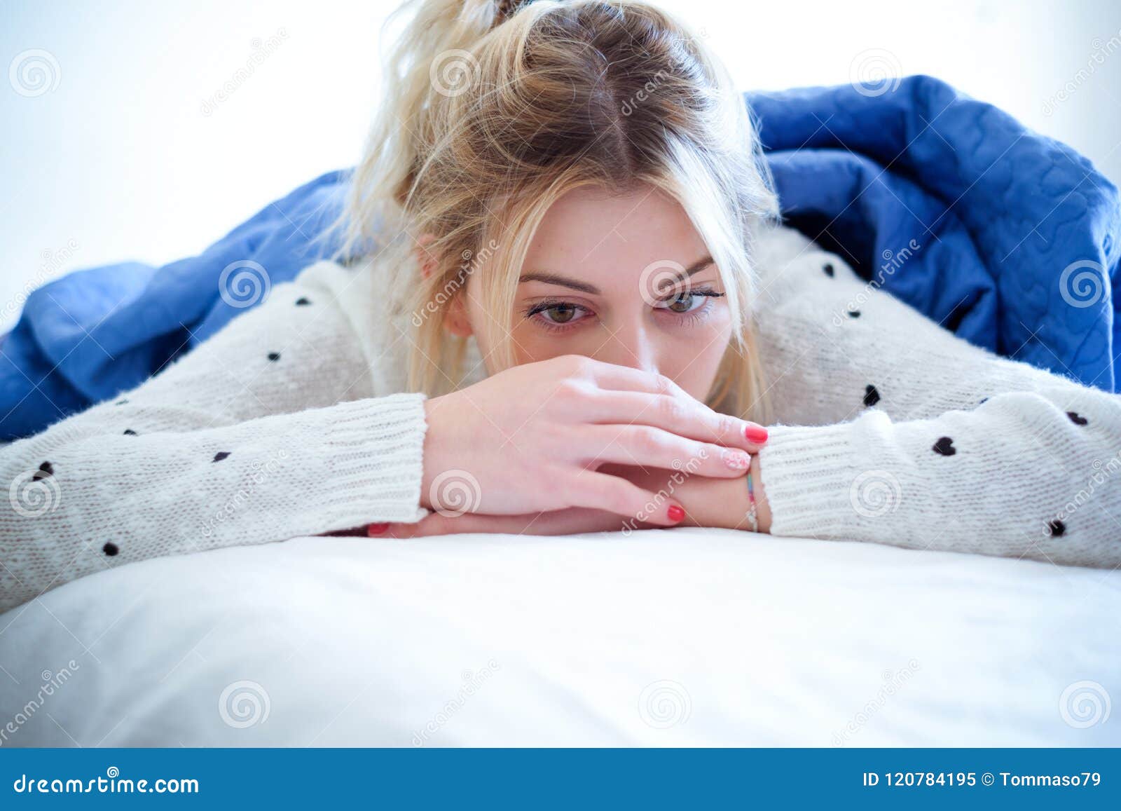 Lonely Sad Girl Lying on Bed in a Bedroom Stock Image - Image of ...
