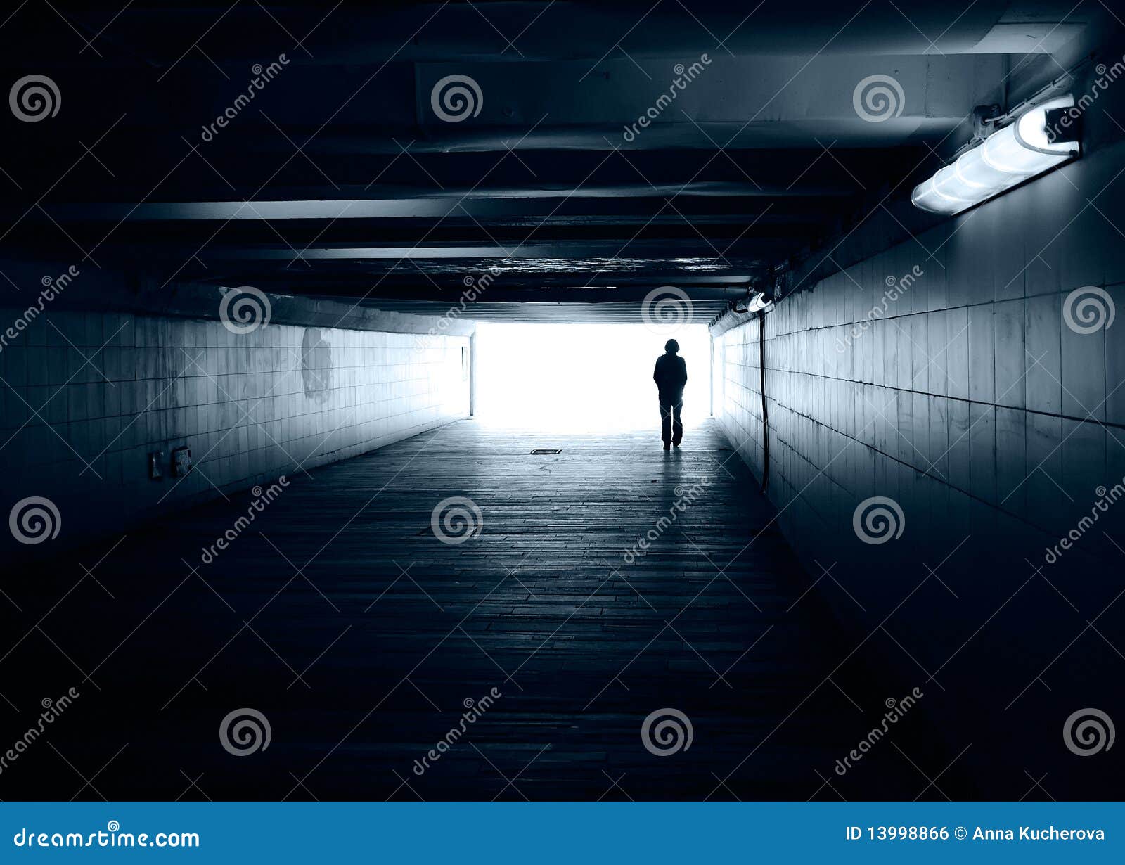 Lonely Silhouette In A Subway Tunnel Stock Photo - Image of lamp ... Silhouette Man Walking Tunnel