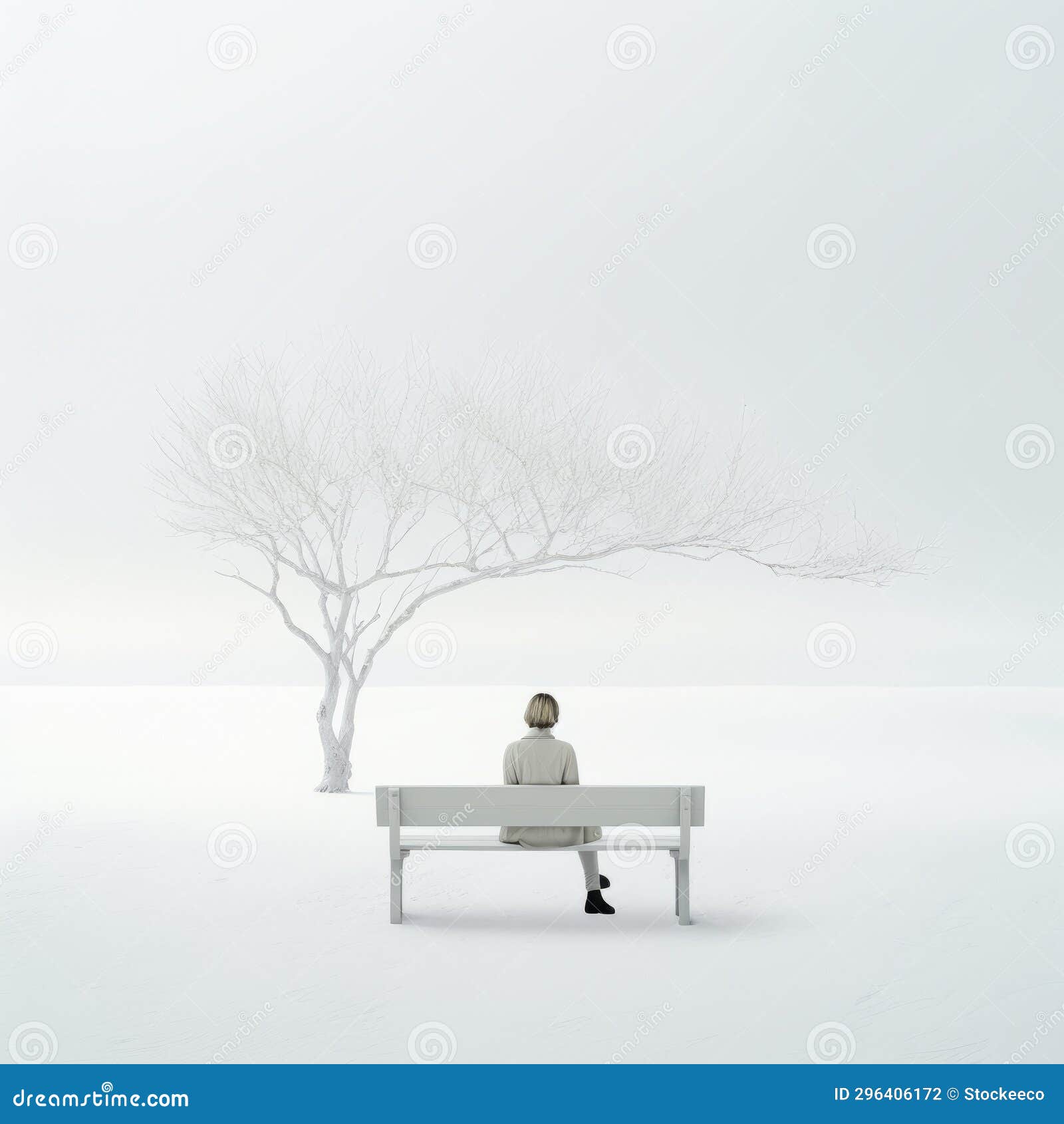 lonely surrealist portrait: minimalist bench in snow