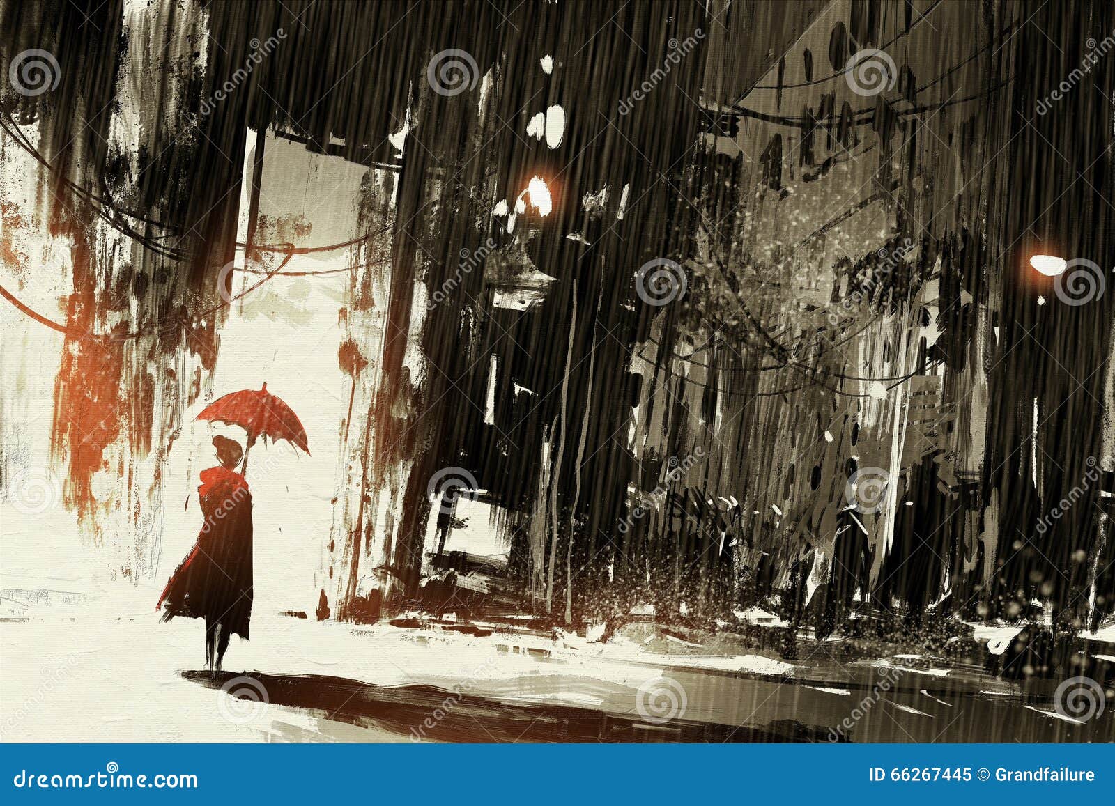 lonely woman with umbrella in abandoned city
