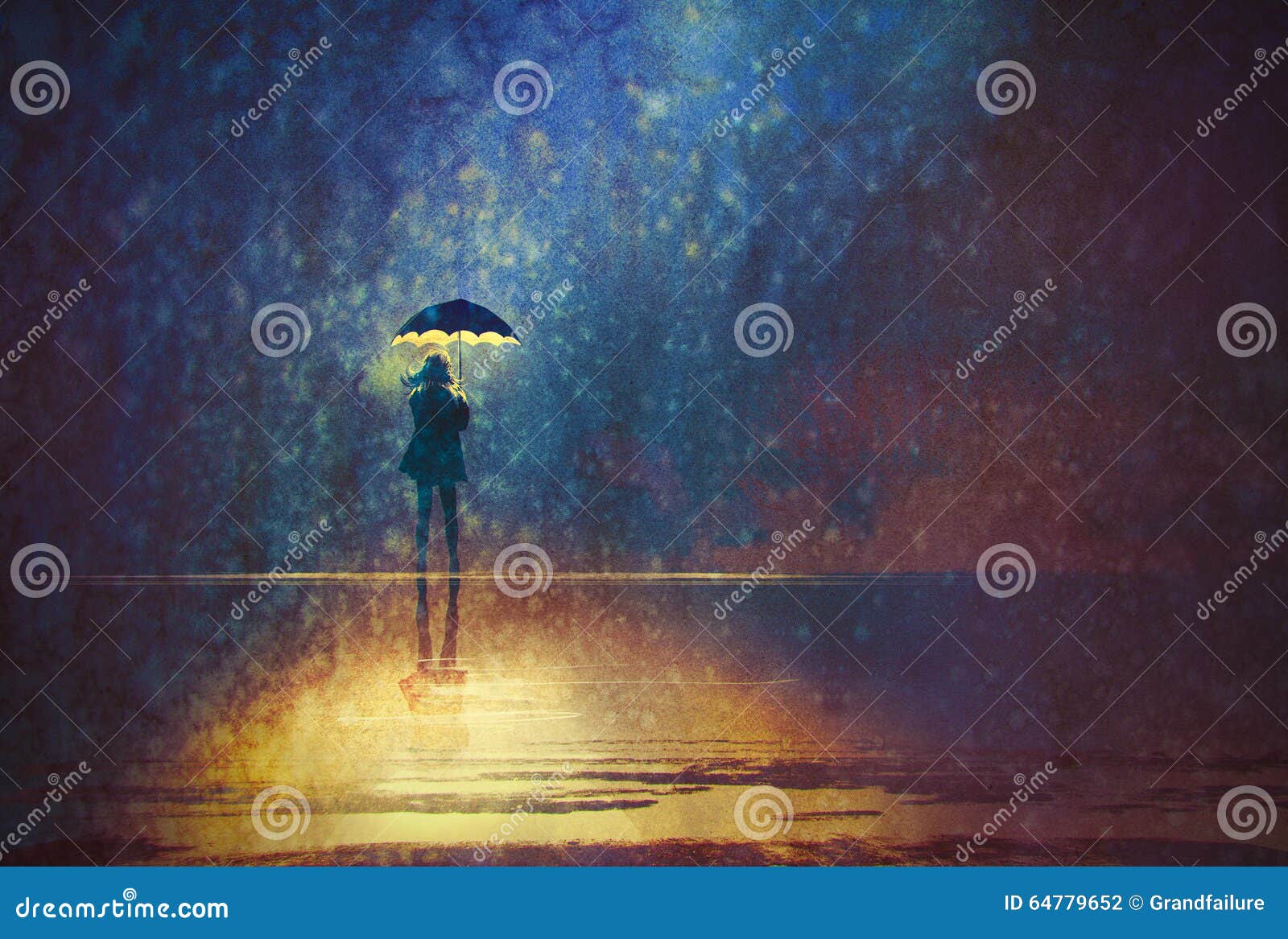 lonely woman under umbrella lights in the dark