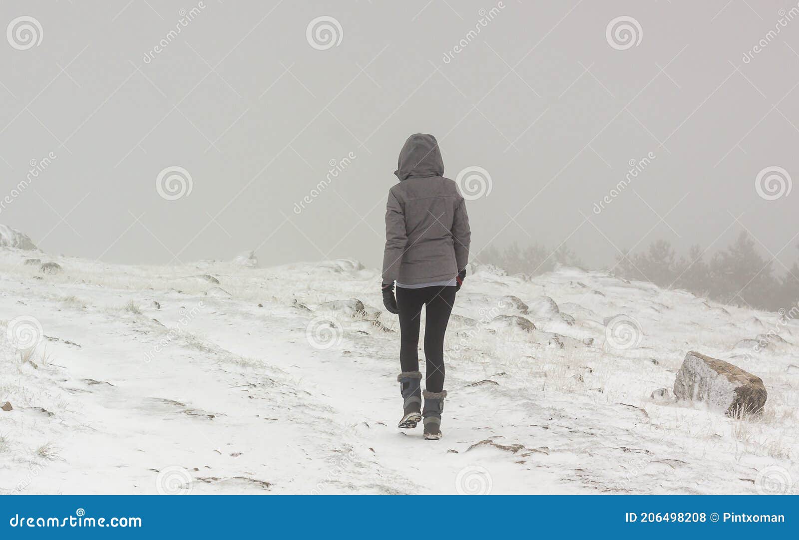 lonely woman walking in the snow. extreme weather in winter