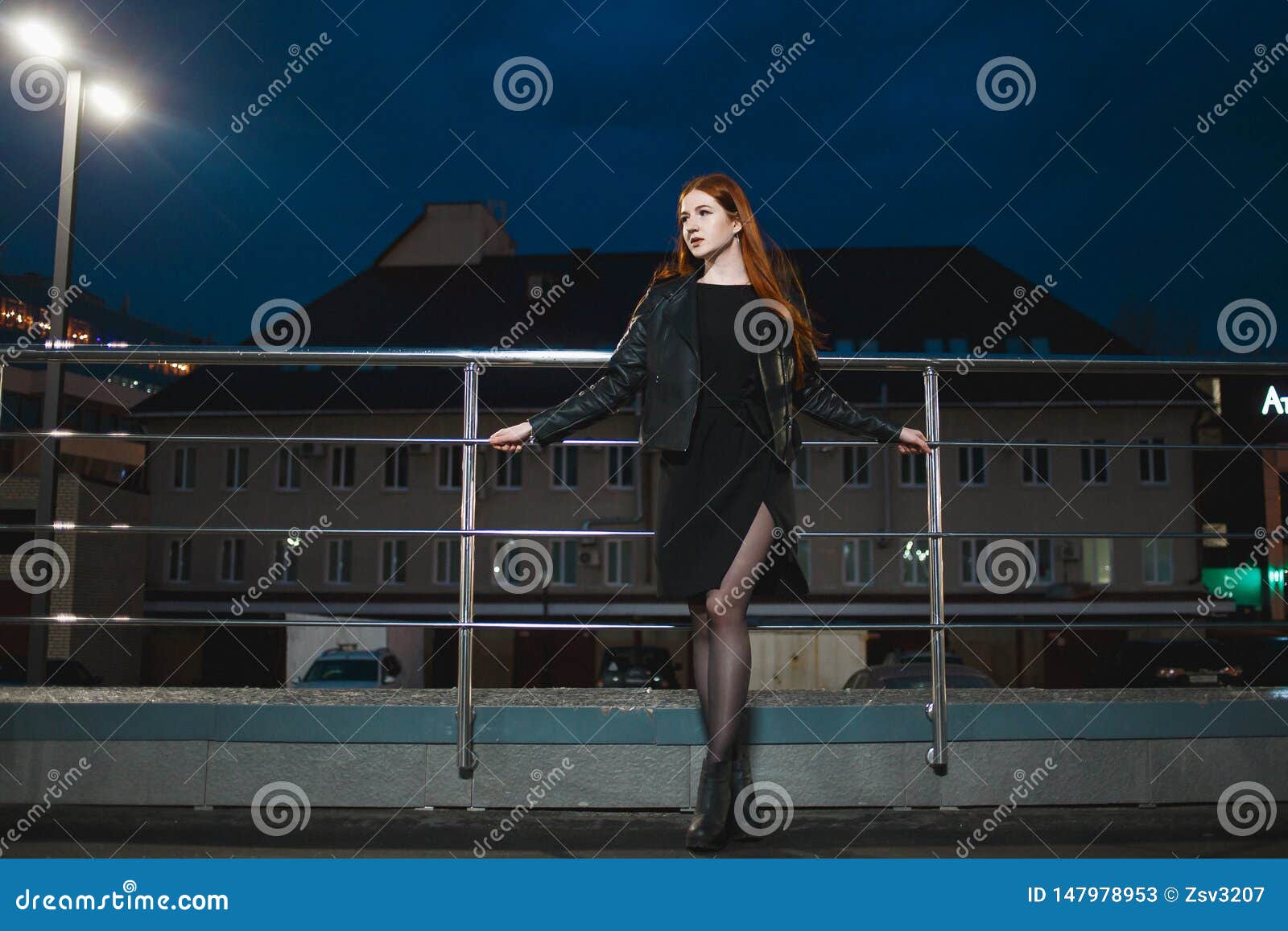 Lonely Young Woman Standing in the Night City. Stock Image - Image of ...