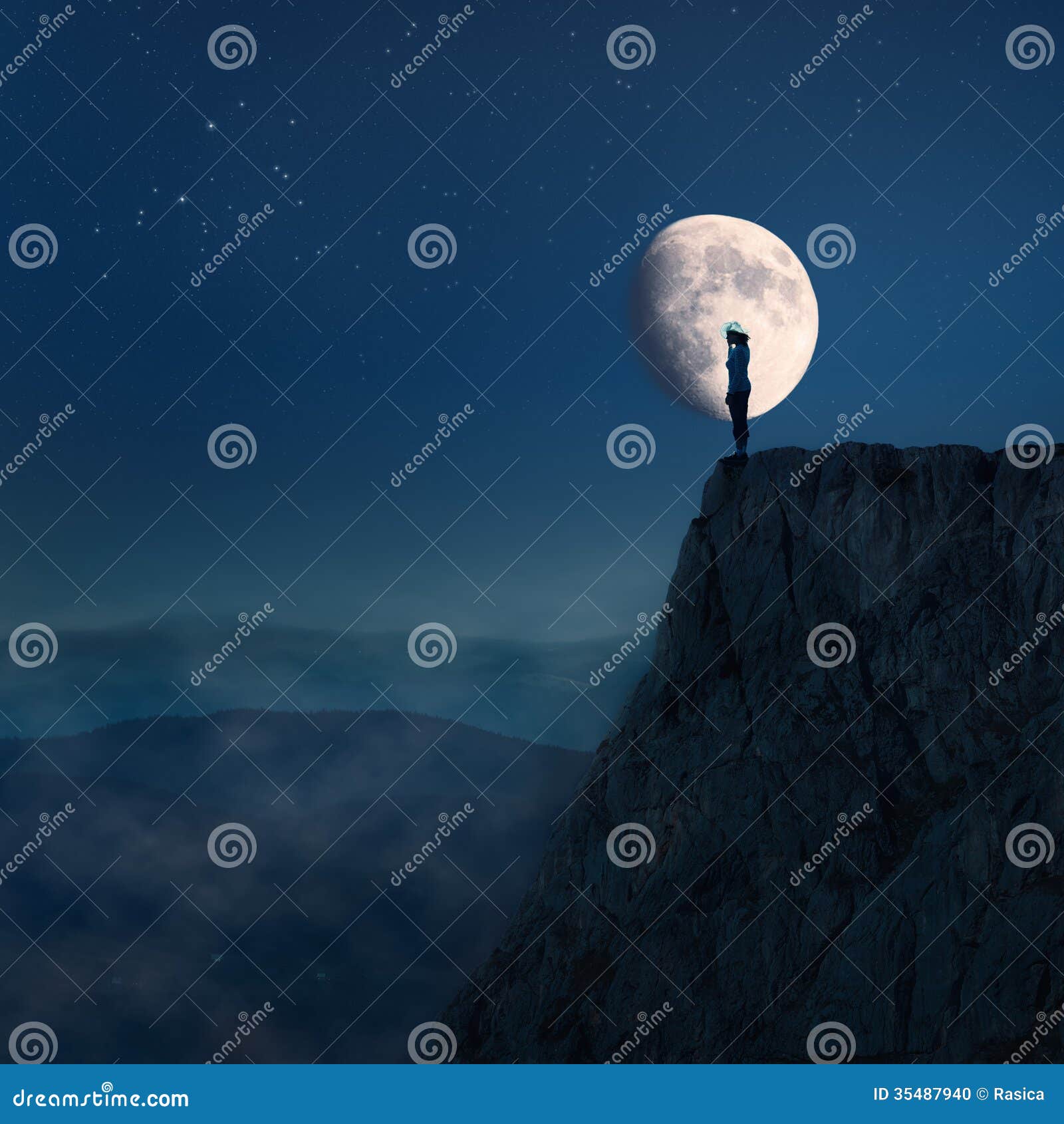 lonely young woman on top of a cliff at night