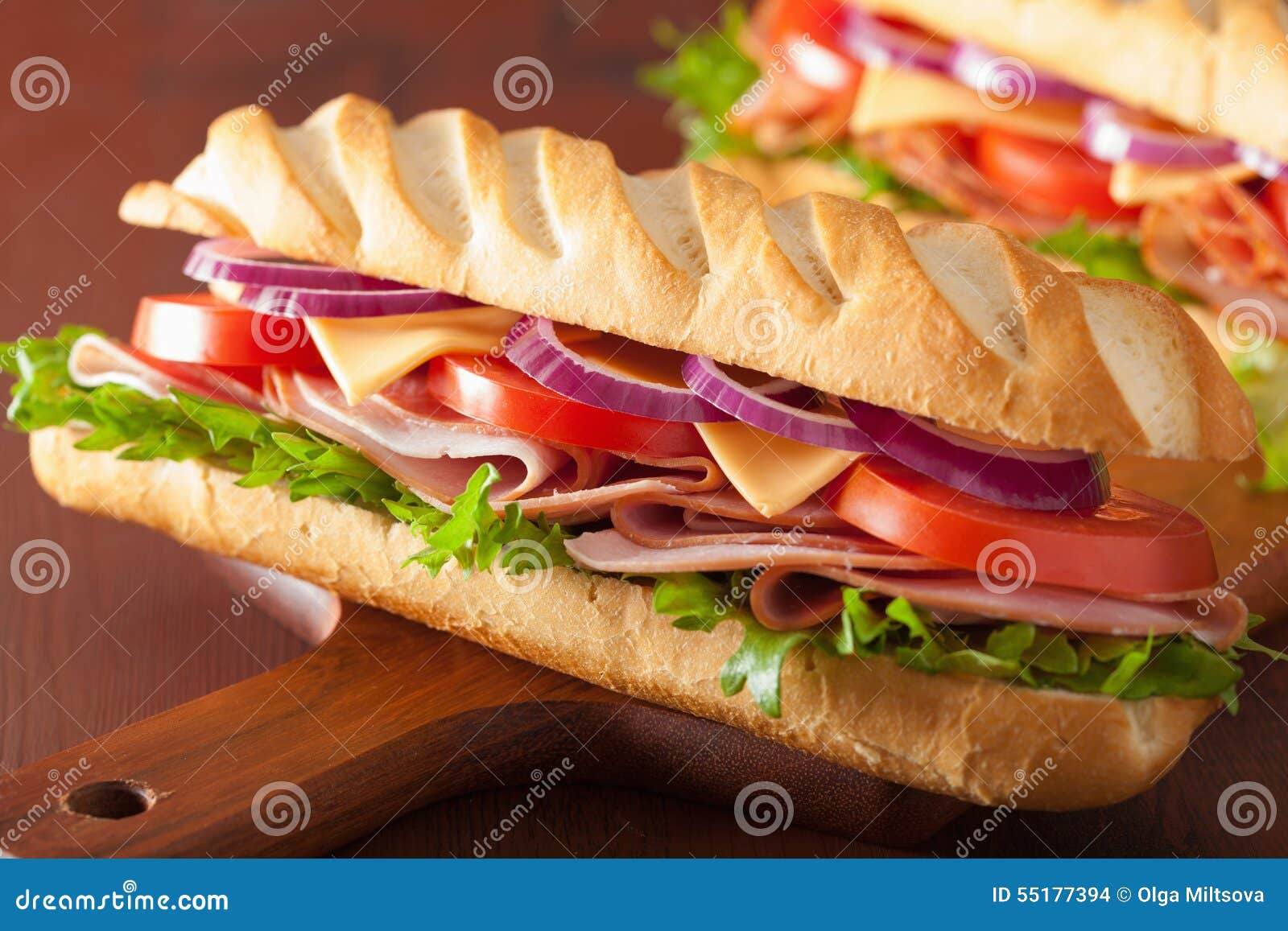 Long Baguette Sandwich with Ham Cheese Tomato Lettuce Stock Photo