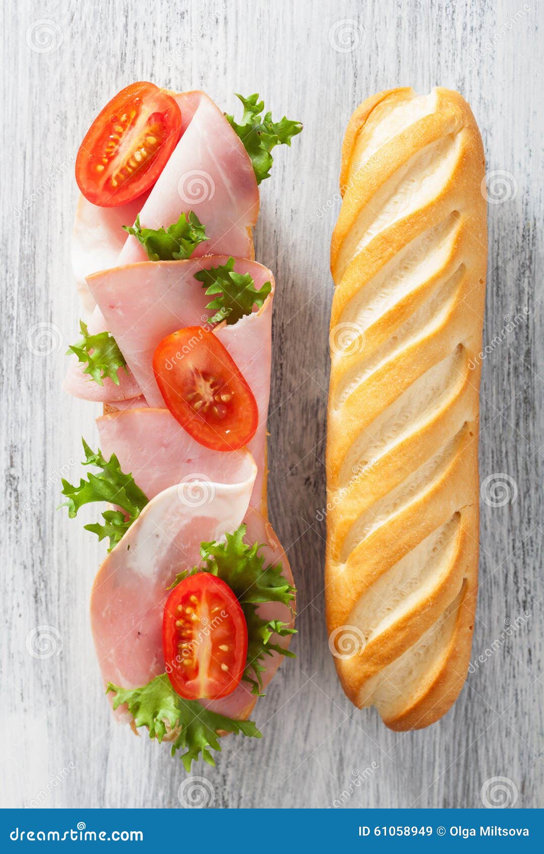 Long Baguette Sandwich with Ham Tomato Lettuce Stock Image Image of