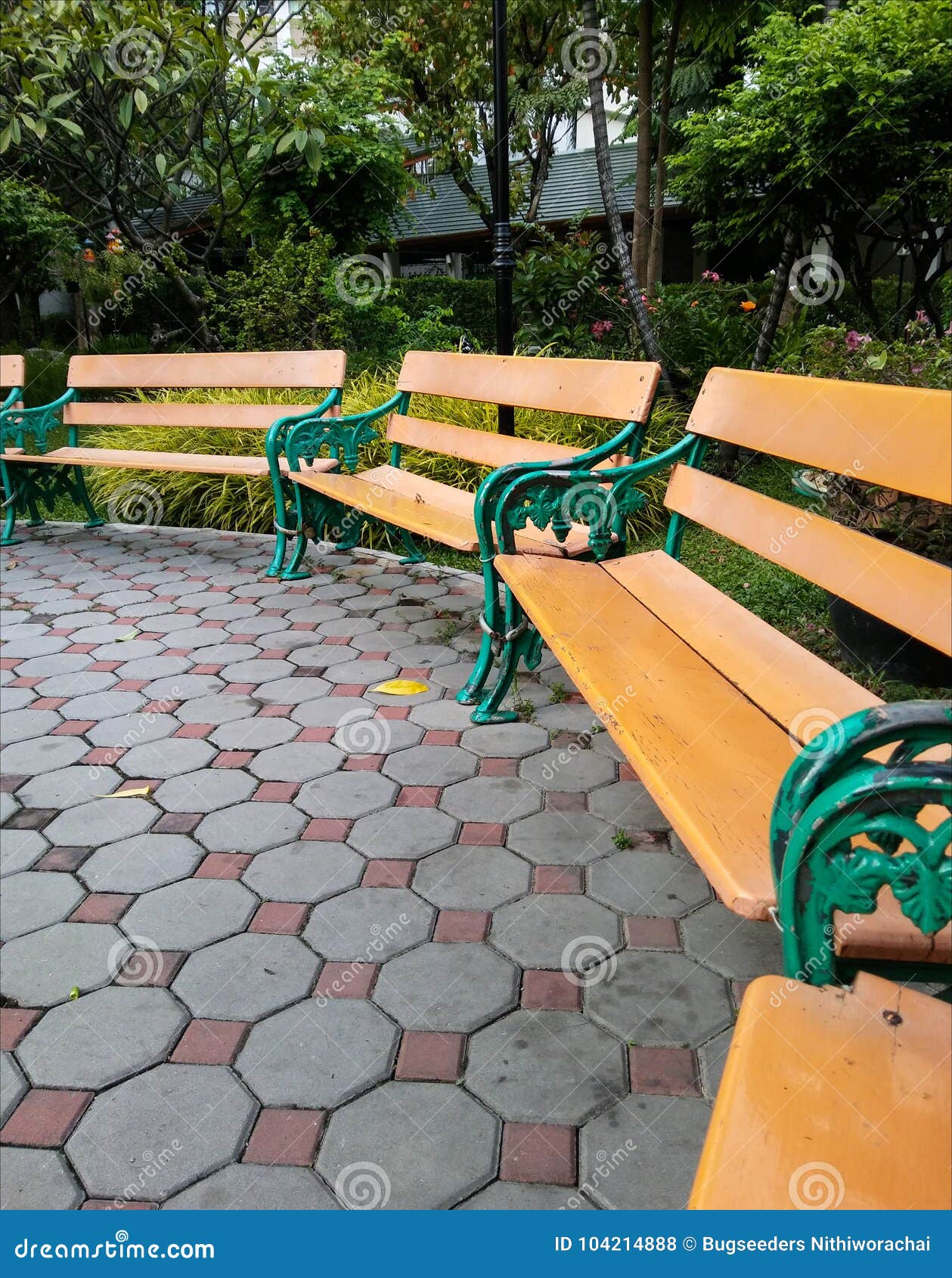 Long Benches On Cement Blocks In The Garden Stock Photo Image