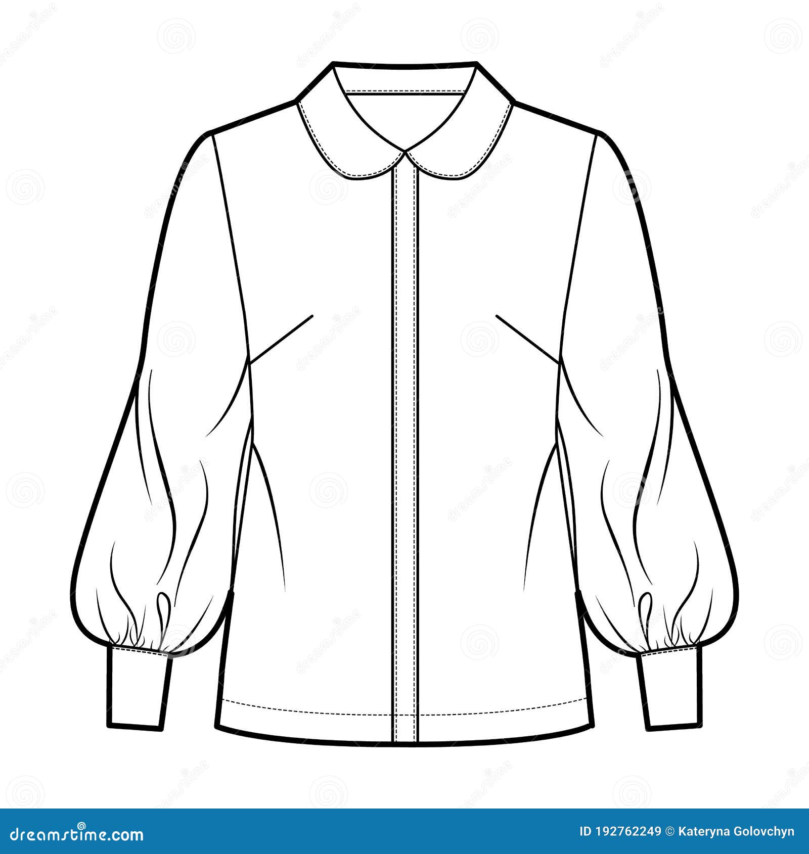 Long Bishop Sleeve Shirt Technical Fashion Illustration with Round ...