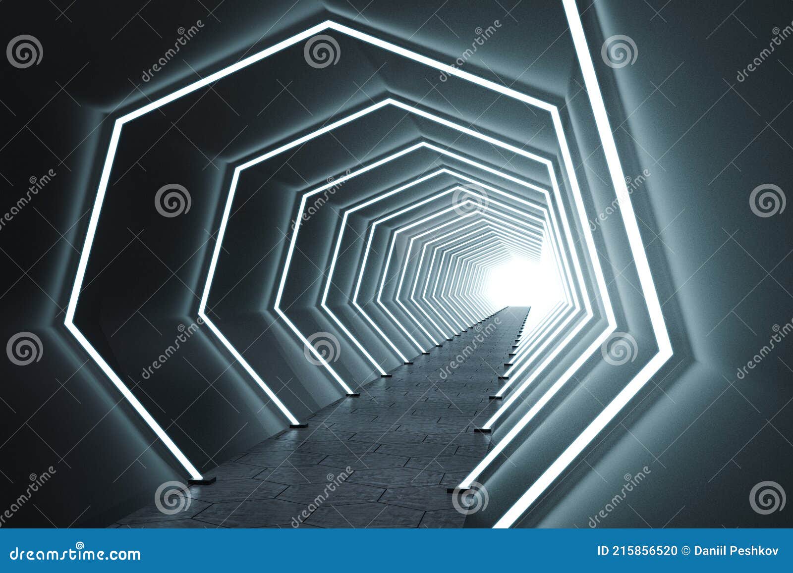 Long Dark Tunnel with Many Fluorescent Lamps and Light in the End, Dark ...