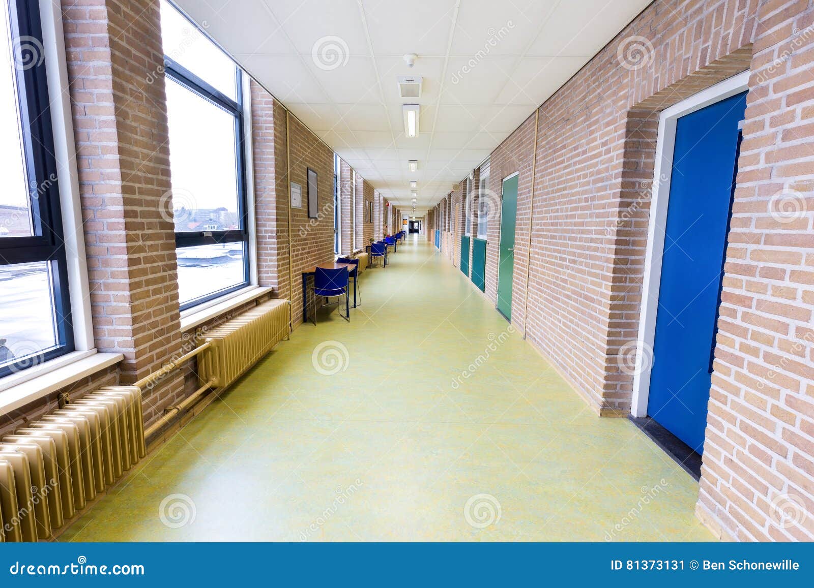 long empty corridor in high school building
