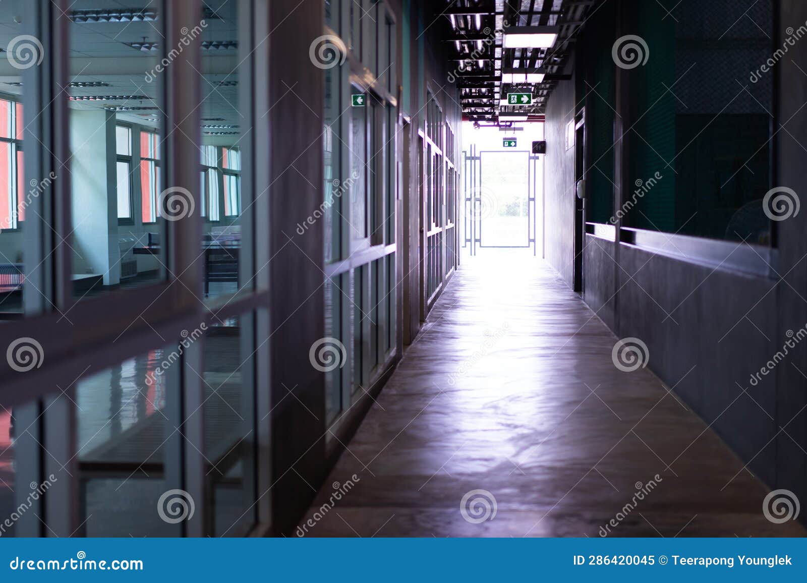 A Long Empty Corridor Inside the Office Entrance Hall after Work Hours
