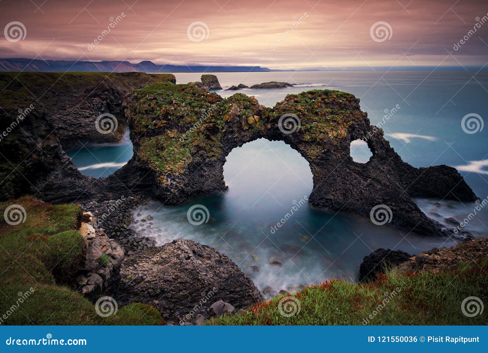 long exposure of gatklettur arch rock near hellnar ,snaefellsnes peninsula ,iceland.