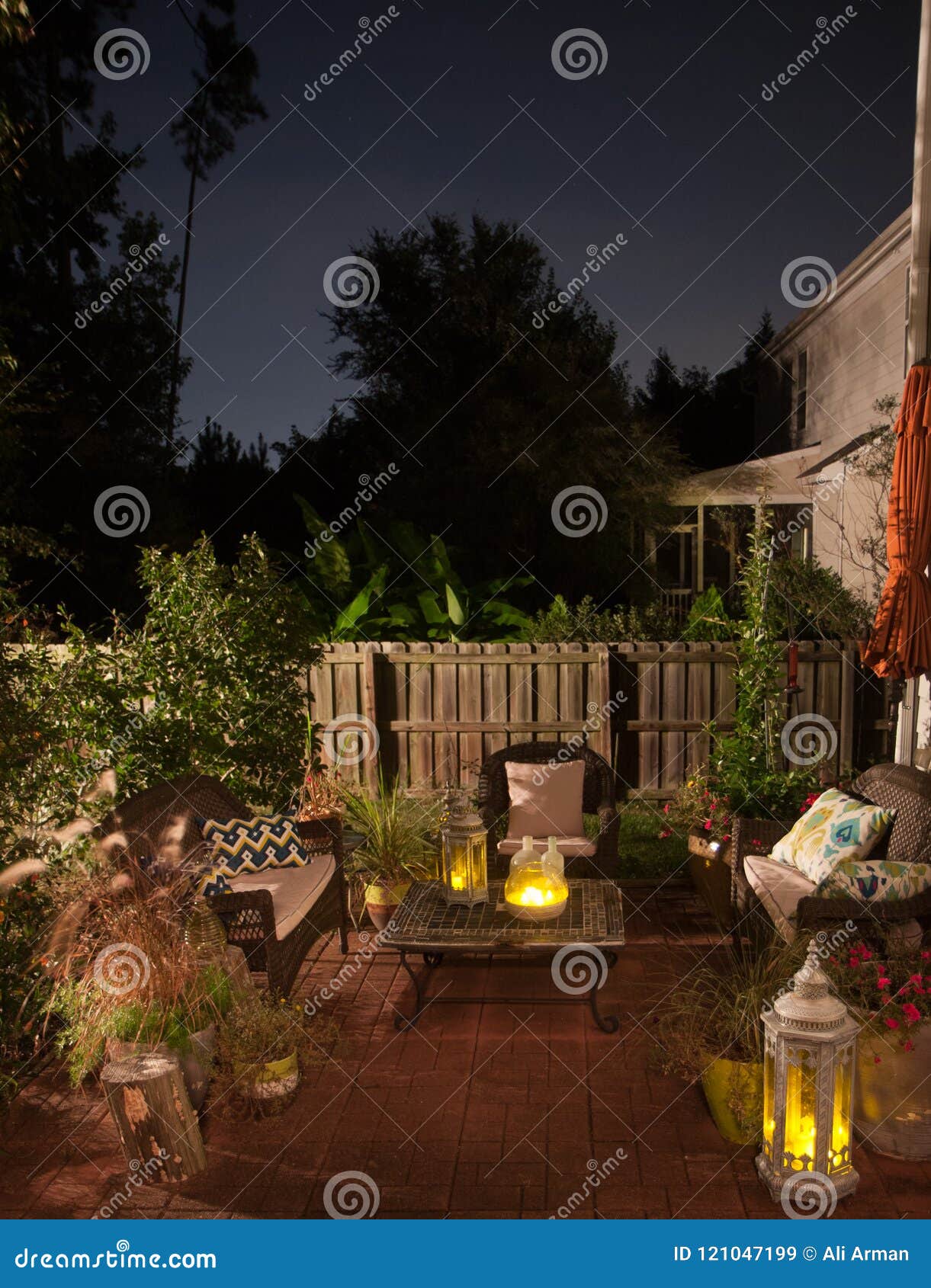 Night Scene In The Back Yard Porch Stock Image Image Of Building Plant 121047199