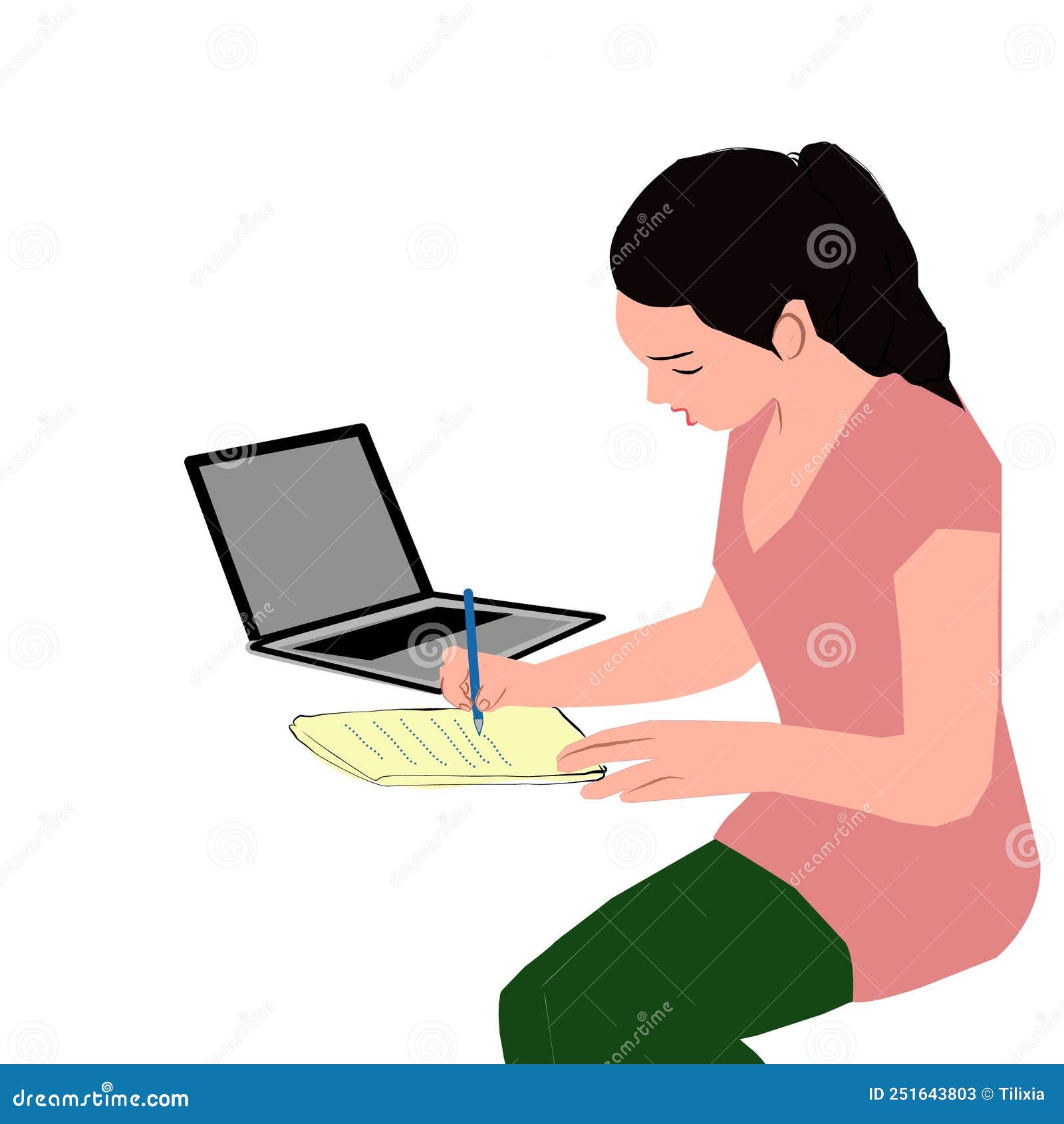 a long-haired woman with a laptop is jotting notes.