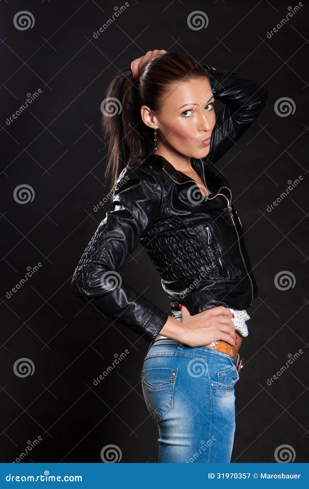 Long-haired Woman In A Leather Jacket Stock Image - Image of beauty ...